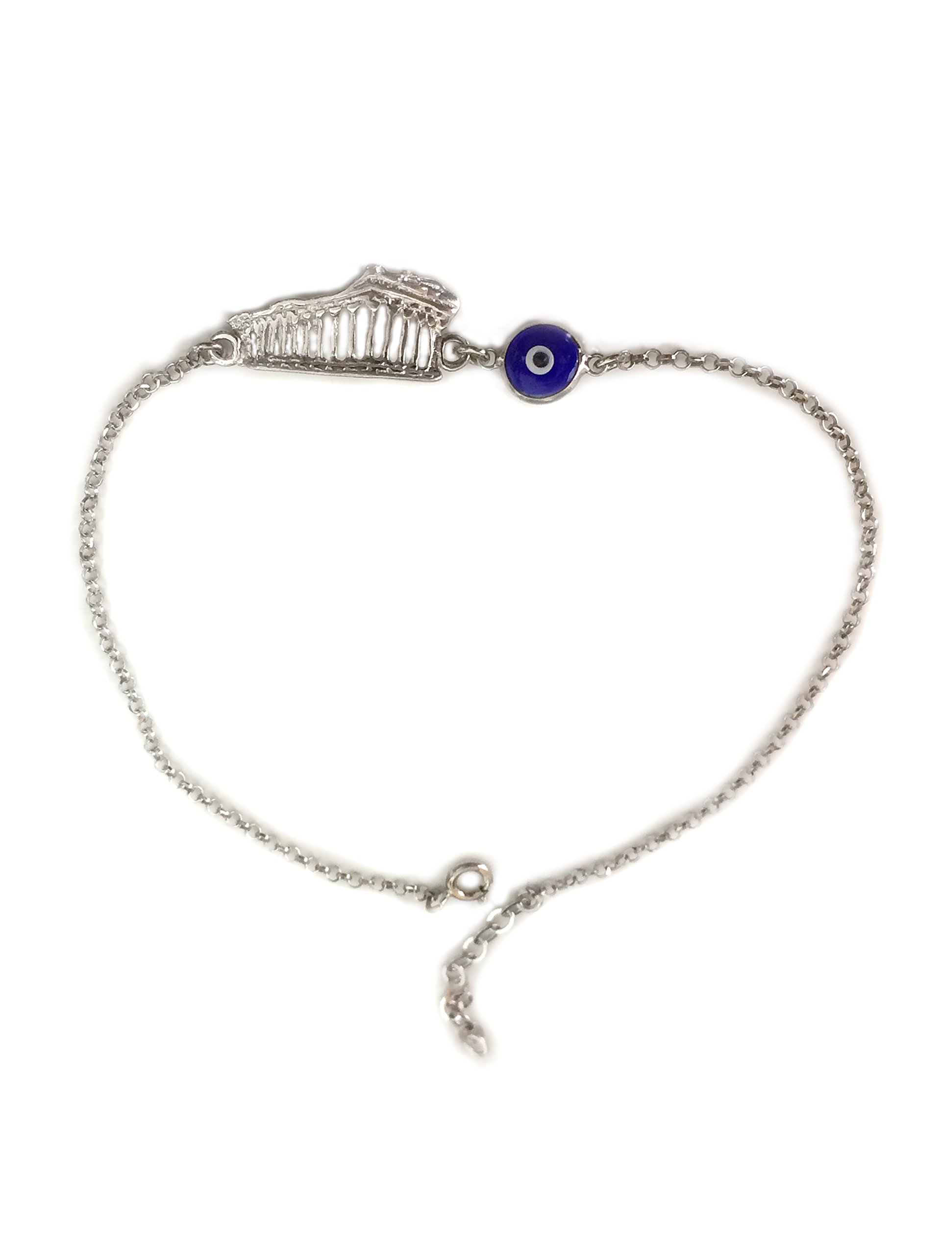 Sterling Silver Greek Acropolis Parthenon Double Sided Evil Eye Adjustable Bracelet, 7" to 8.5"