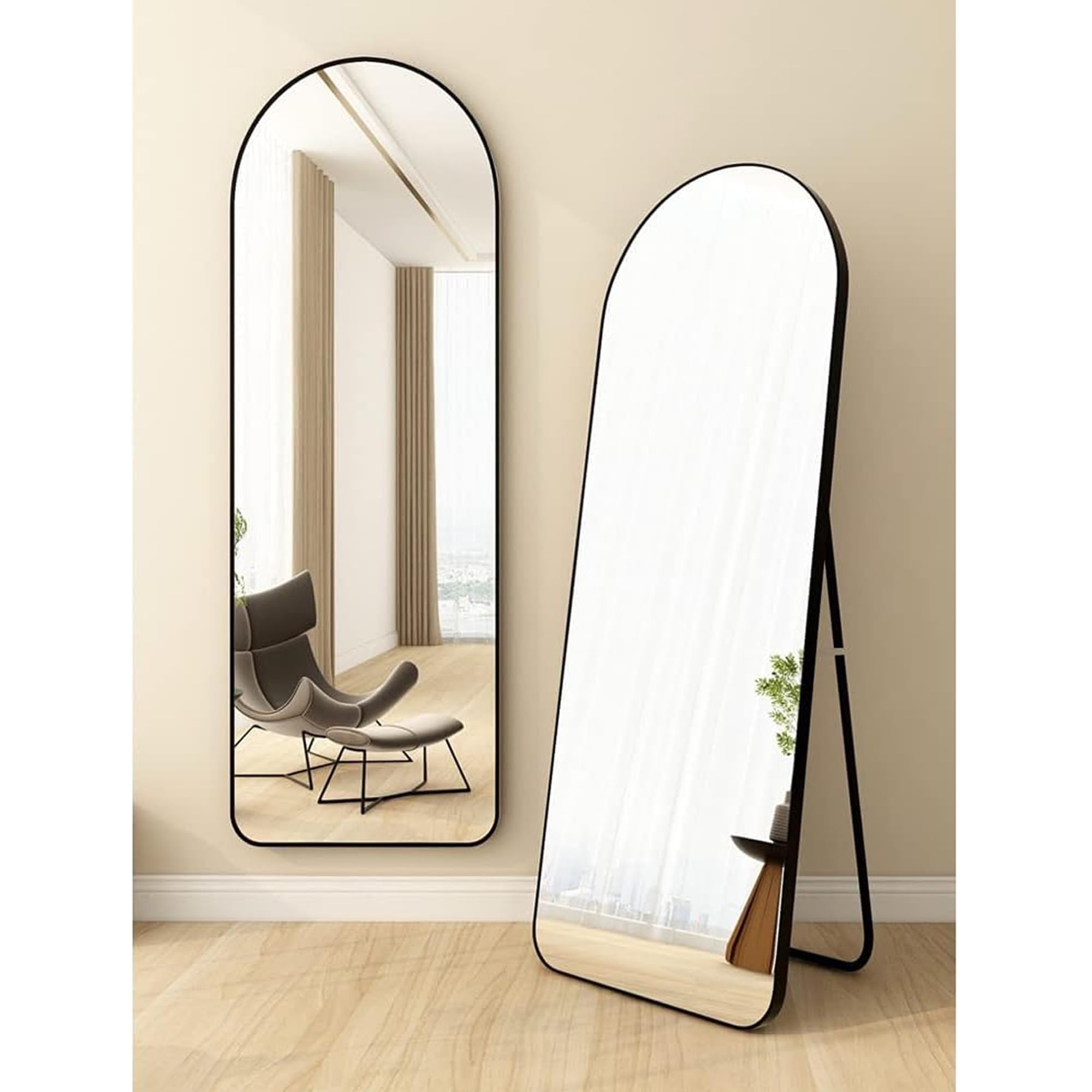 Sulfar Arched Full Length Mirror | 152 x 42 cm Aluminum Alloy Dressing Mirror with Stand | Wall-Mounted or Free-Standing for Bedroom, Locker Room | Black
