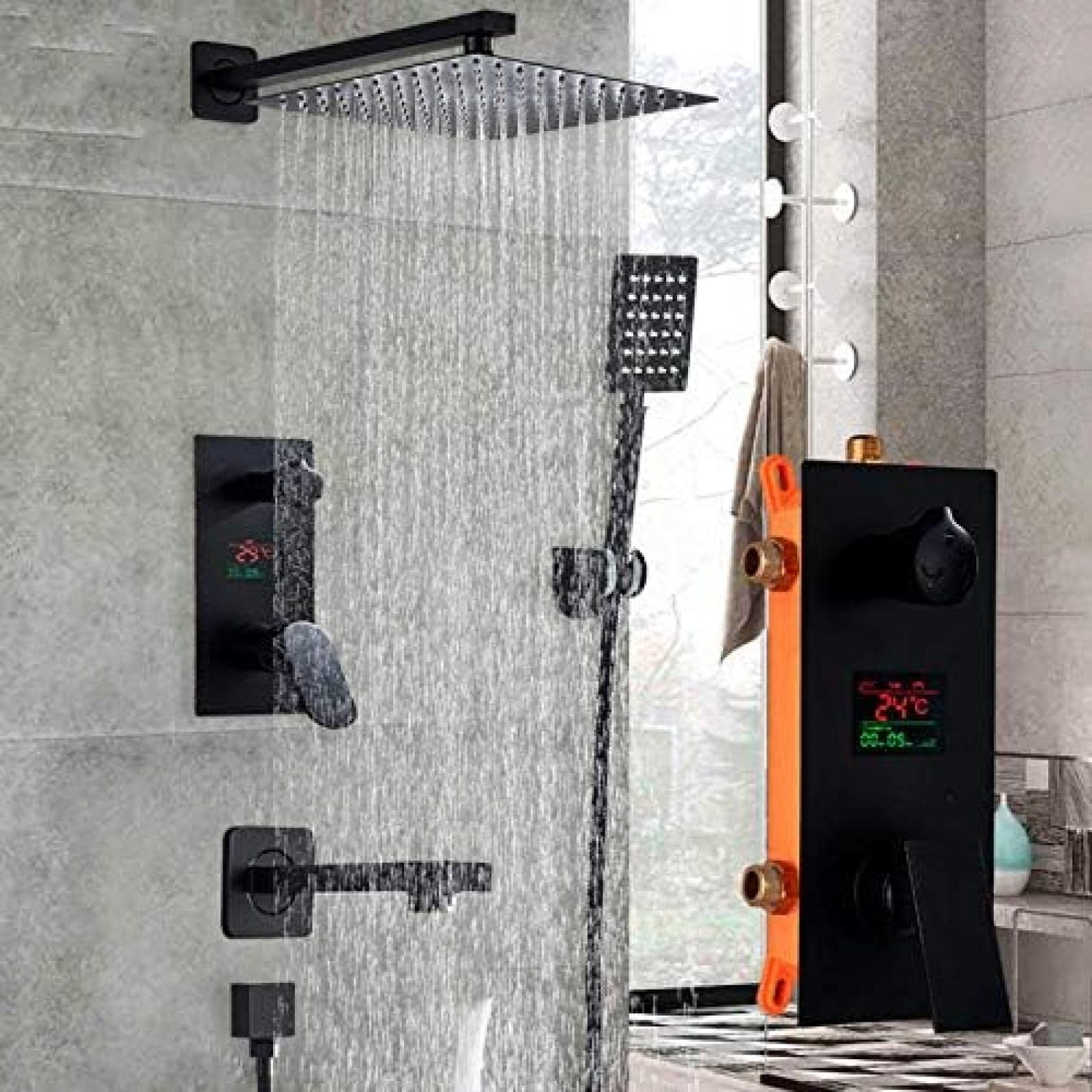 Rubinetto per Doccia da Bagno da 10 Pollici Rubinetti per Doccia digitali Nero Opaco a 3 funzioni Set Soffione Doccia a Pioggia Set Doccia con Interruttore a 3 Vie Miscelatore