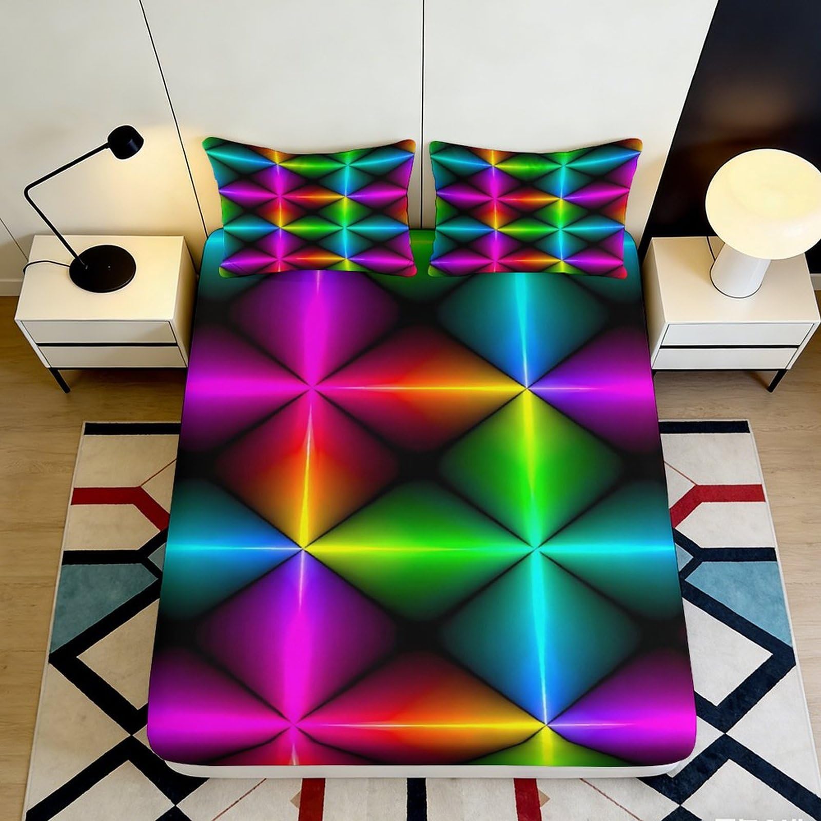 Dhbaneiok Style-2 3D Printed Neon Geometric Fitted Sheet Microfiber Colourful Prism Bed Sheet For Bedroom Dorm Artistic Mattress Cover Decor 90X200x25cm