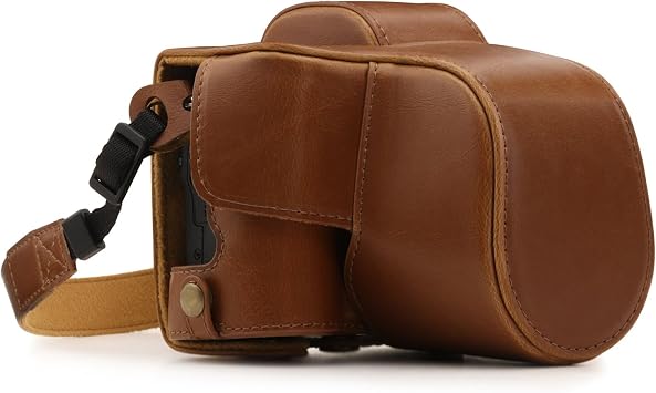 MegaGear Canon EOS M50 Leather Camera Case - Premium PU Leather Protective Cover, Ever Ready Design with Battery Access - 15-45mm Lens - Light Brown