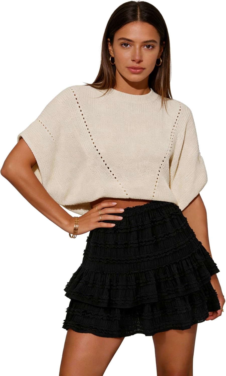 Kikula Women Boho Ruffle Mini Skirt Casual High Waist Tiered Skorts Golf Tennis Shorts