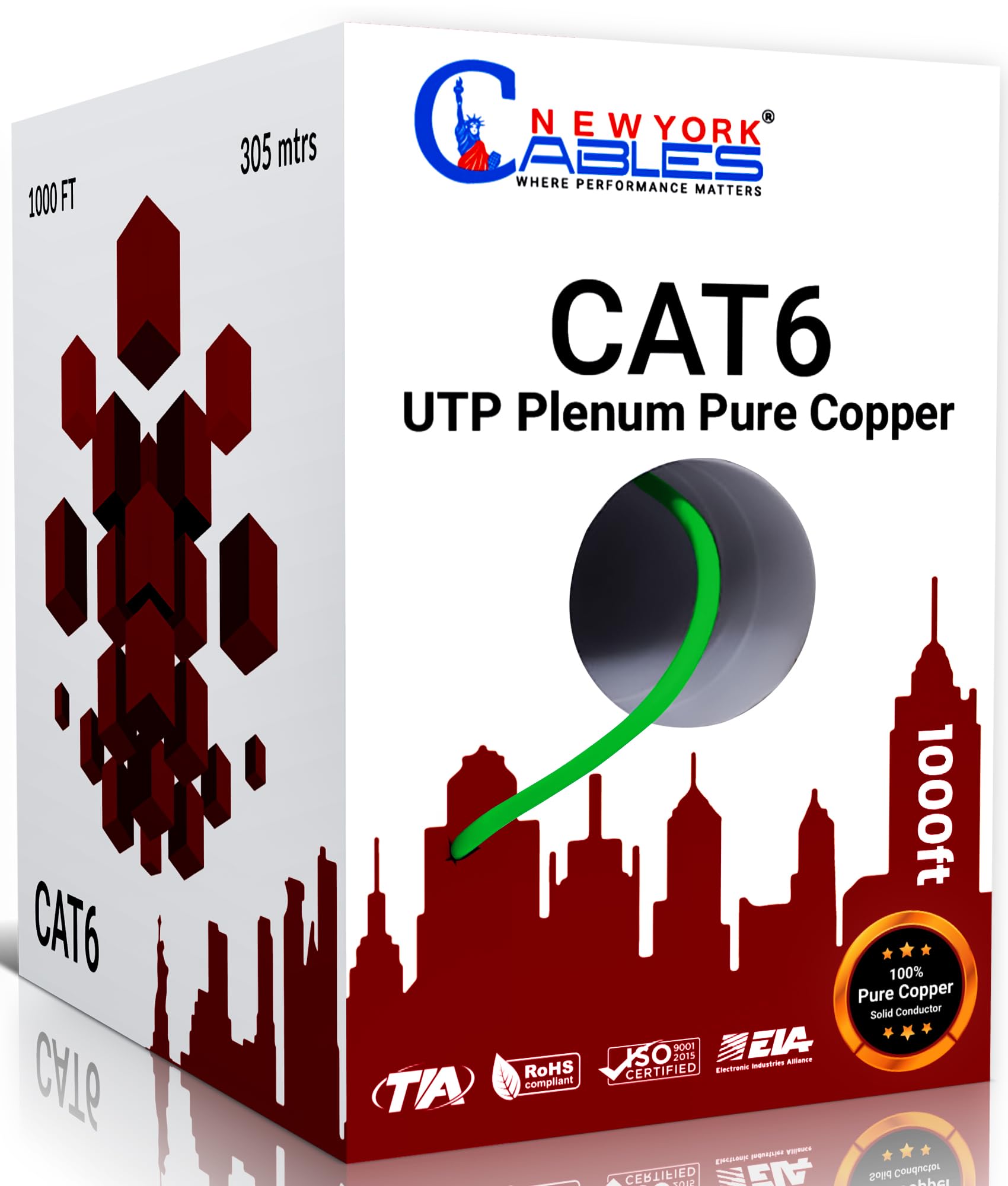 Câble Ethernet CAT6 Plenum vert 304m NewYork Cables en cuivre pur 23 AWG - 8