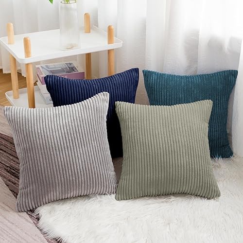 Miniatura 6 de Softalker Juego de 4 fundas de almohada de pana suave a rayas sólidas, 18 x 18 pulgadas, decoración moderna para sofá, dormitorio, sala de estar