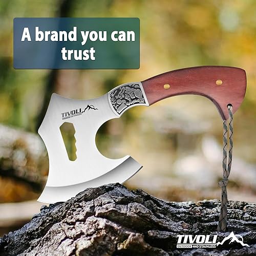 Miniatura 7 de TIVOLI Hacha de hacha con funda de nailon, hacha vikinga de camping con mango de madera, hacha de supervivencia portátil con caja de regalo, hacha