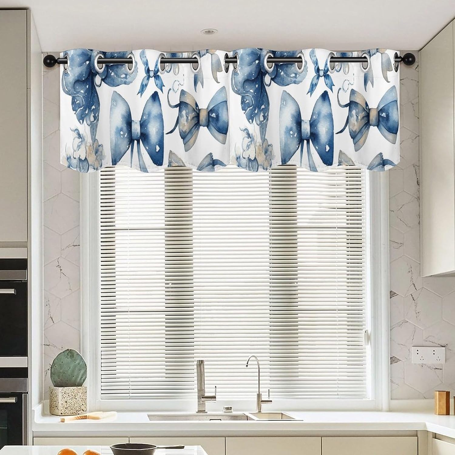 A Set of Blue Bows Valance for Windows, 2 Pack Kitchen Curtains Modern Home Decor, Soft Blackout Window Curtains for Living Room & Bedroom, 18 X 52 Inch