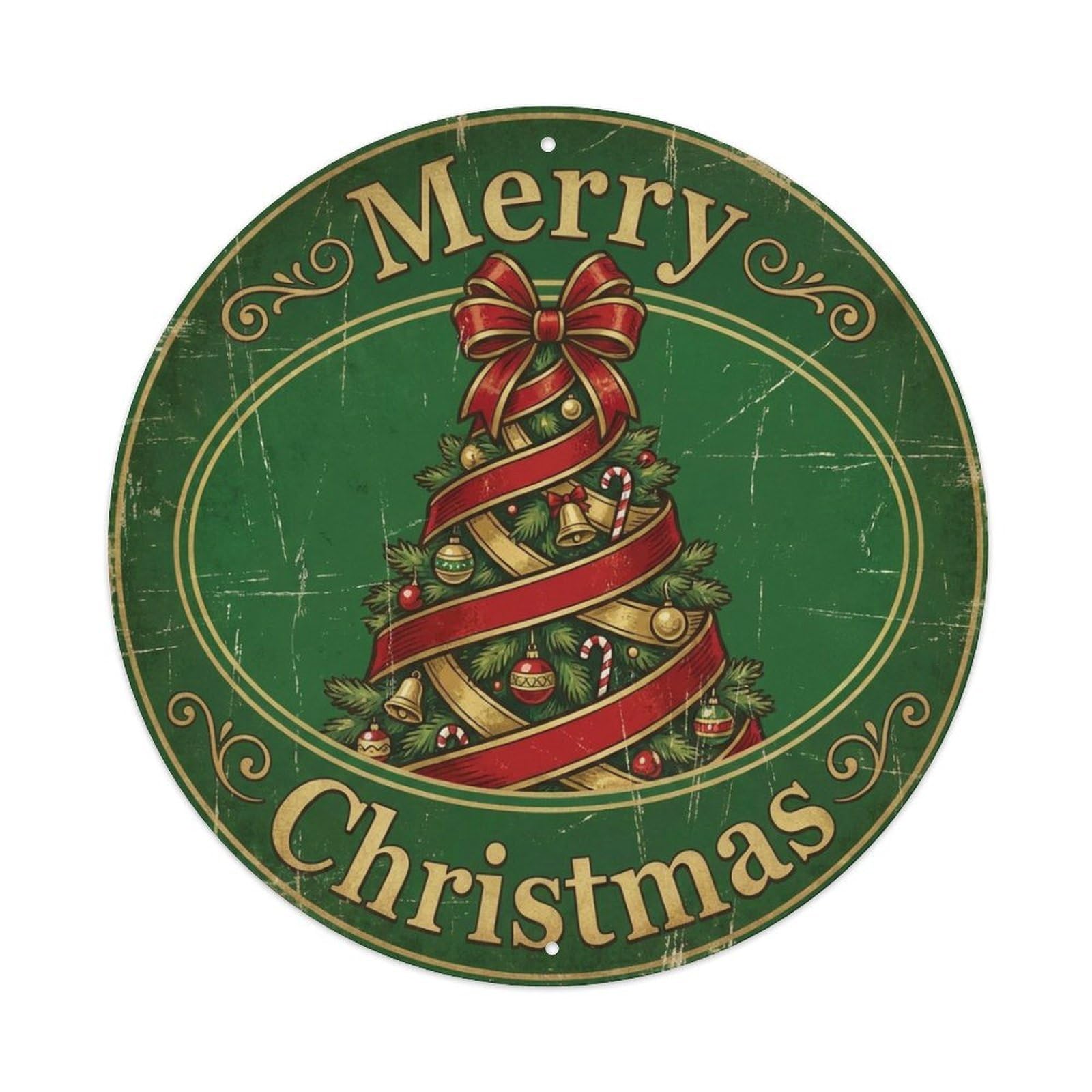 Merry Christmas Tree Ribbon Wrapped Metal Tin Sign