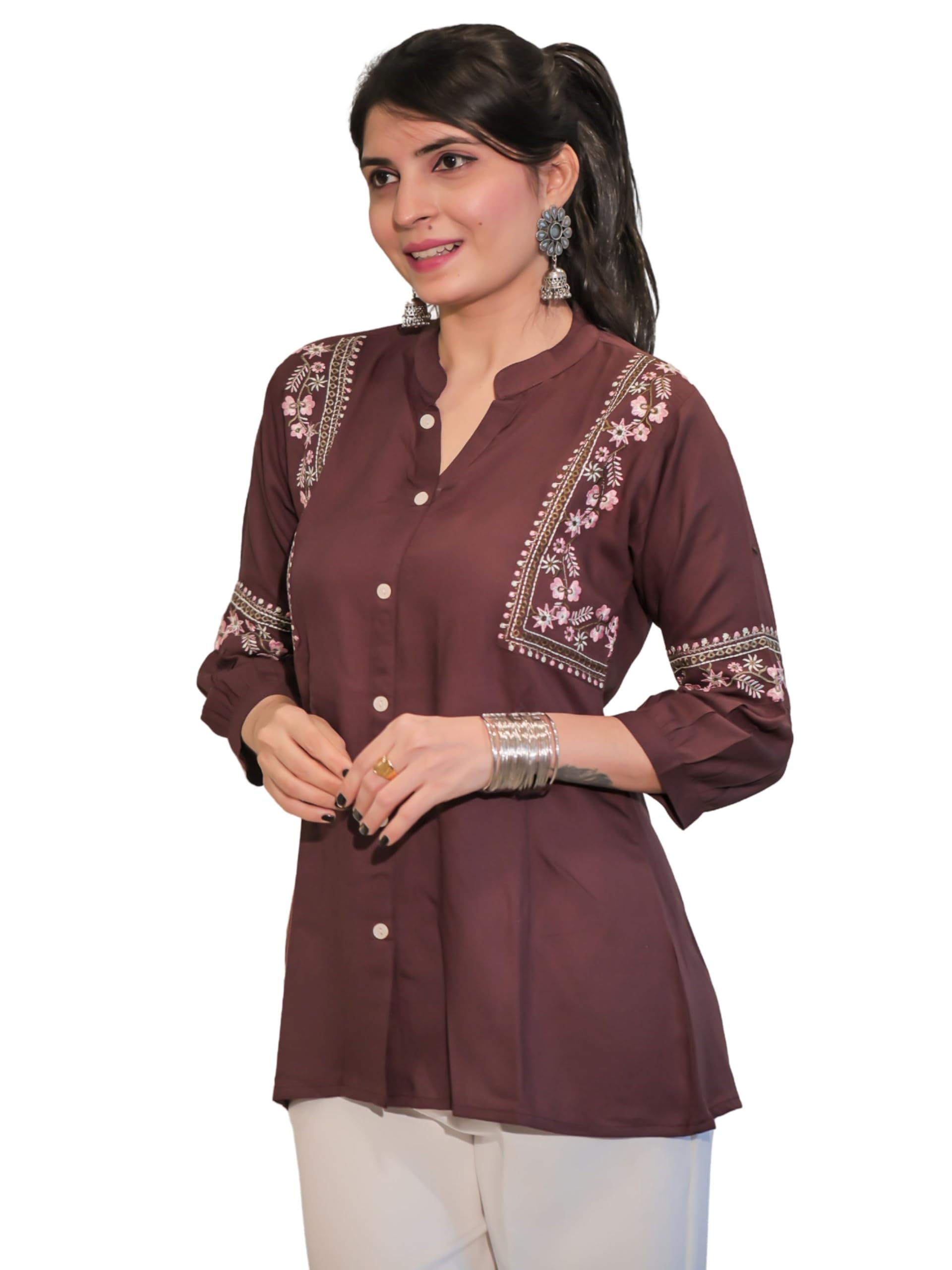 Women's Rust Viscose Rayon Embroidered A-line Short Kurti | Short Kurti for Women | Top for Office | Women's Tunics Tops | Regular Fit Top