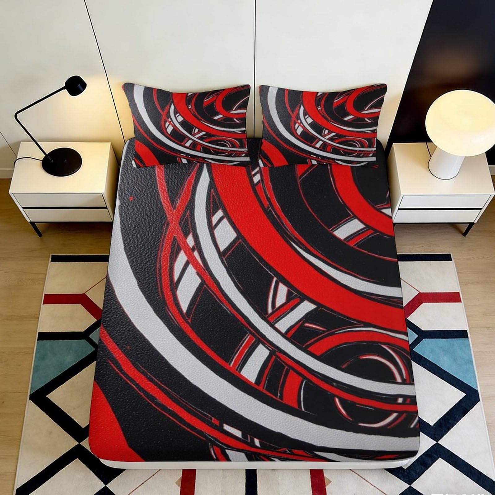 Pnayamiorkfel Style-3 3D Printed Abstract Red Circles Fitted Sheet Microfiber Bedroom Decor Black Geometric Mattress Cover For Adult Teen 90X200x25cm