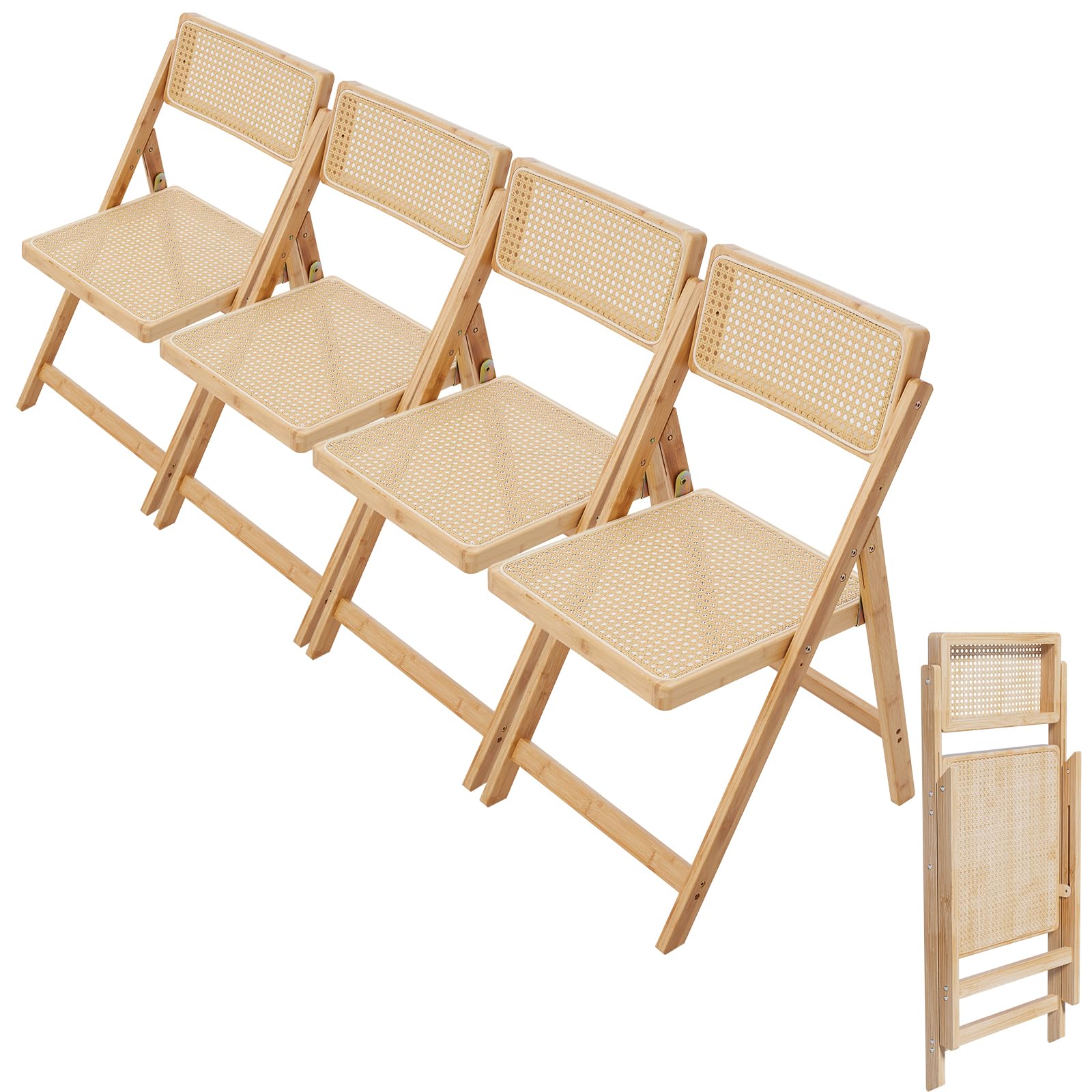 Warmiehomy Kitchen Dining Chairs Set of 4 Wooden Rattan Folding Chair for Indoor Outdoor Home Office Living Room Bedroom Dining Room Camping Garden with Back, Already Assembled