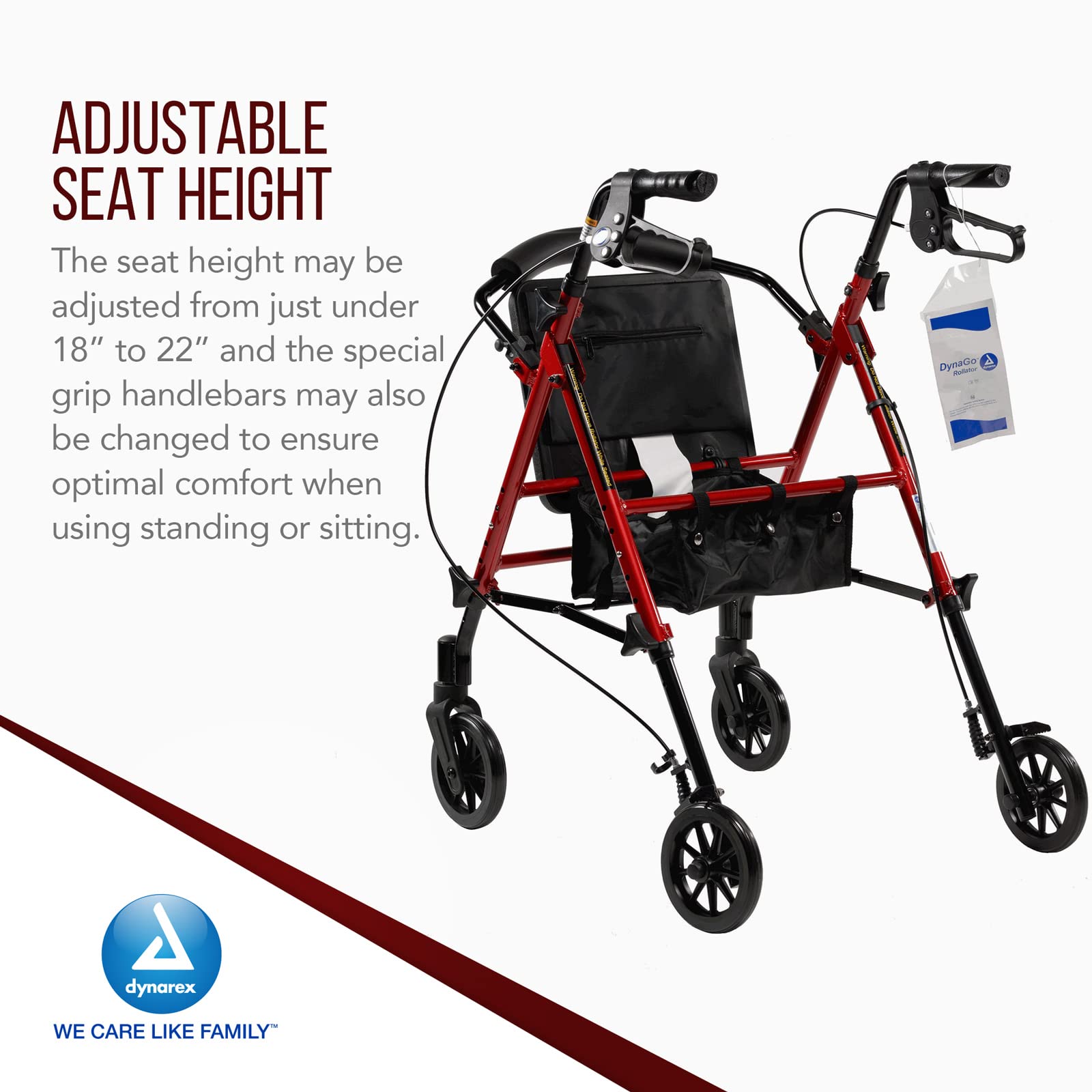 DynaGo Flex Foldable Aluminum Rollator with Adjustable Seat Height and Detachable Caster, Red — Amazon image 4