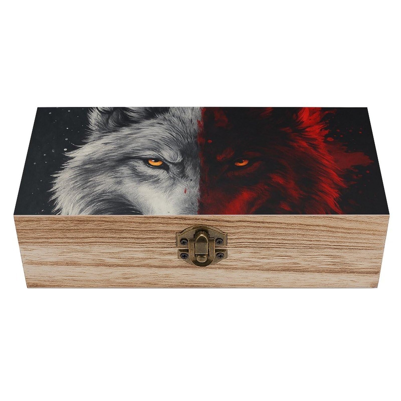 SMAZDFXX White & Red Wolf Wooden Storage Box Multipurpose Decorative Box for Jewelry Photo Home Decor