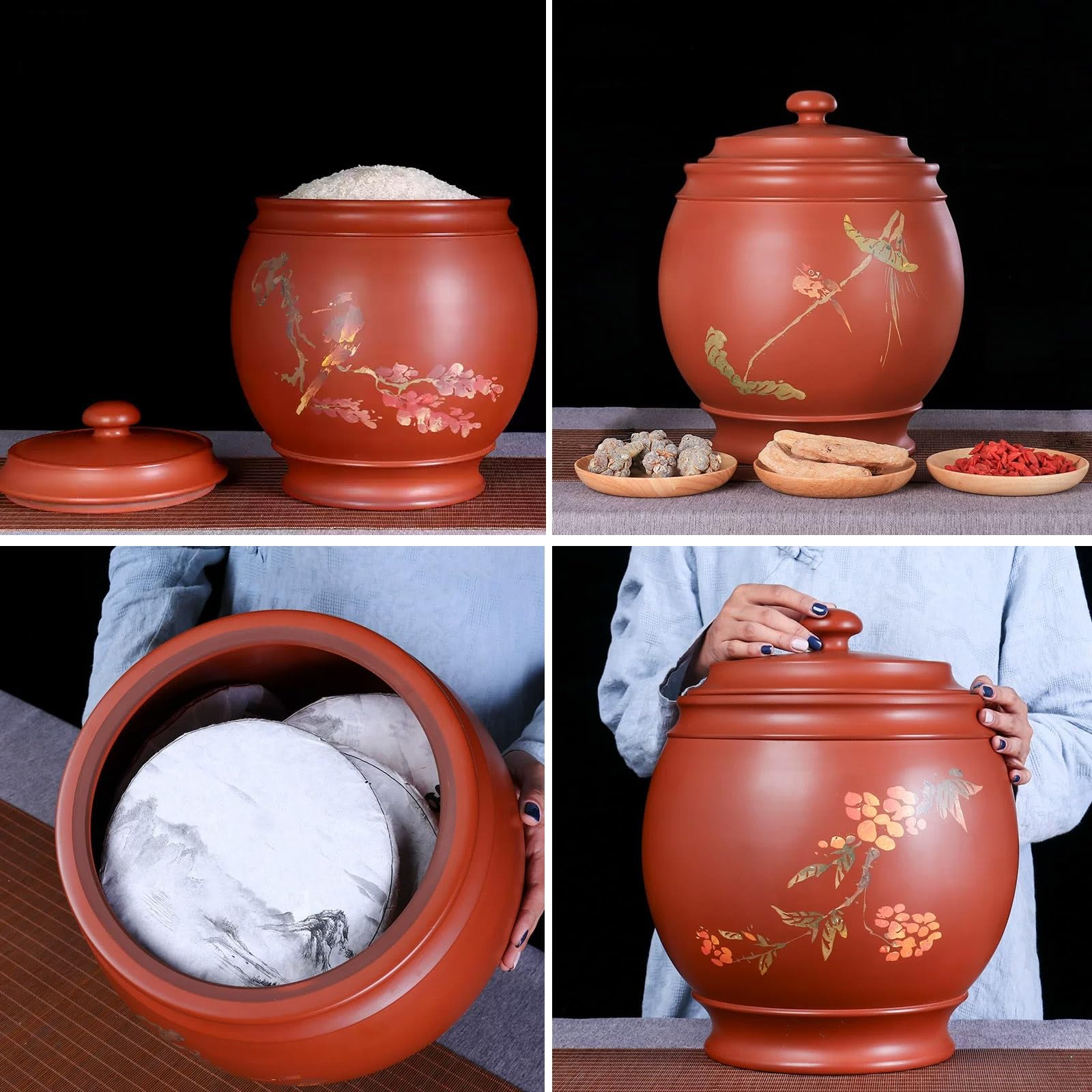 Genérico Recipiente Clásico de Arroz Chino de Cerámica Morada, Hermético de 10kg con Tapa for Almacenar Alimentos a Granel con Tapa for Harina, Avena, Café, Azúcar Moreno, Té, Galletas