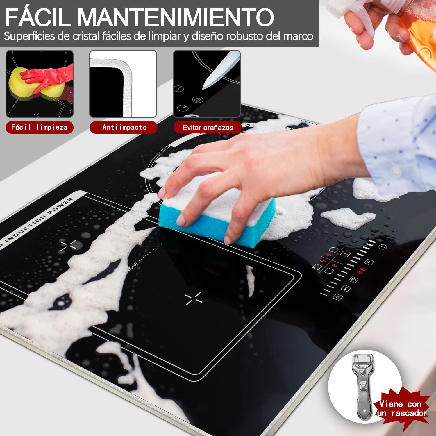 Placas de Induccion 3 Fuegos, Placa de Inducción Integrada | Control Táctil, Zonas Funcionales Flexibles, Bloqueo Para Niños, Temporizador, Sin Enchufe