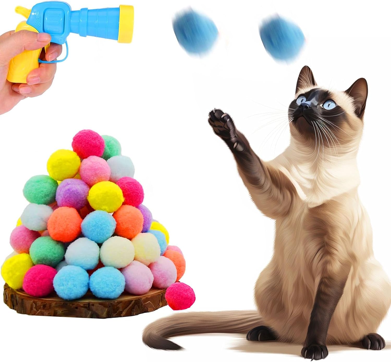 Kitten Toys, Interactive Cat Toys, Cat Toy Balls with Launcher and 100 Pom-Poms Balls, Cat Toys for Indoor Cats DIY Set, for Training,Playing, Funny,Colorful,Furry
