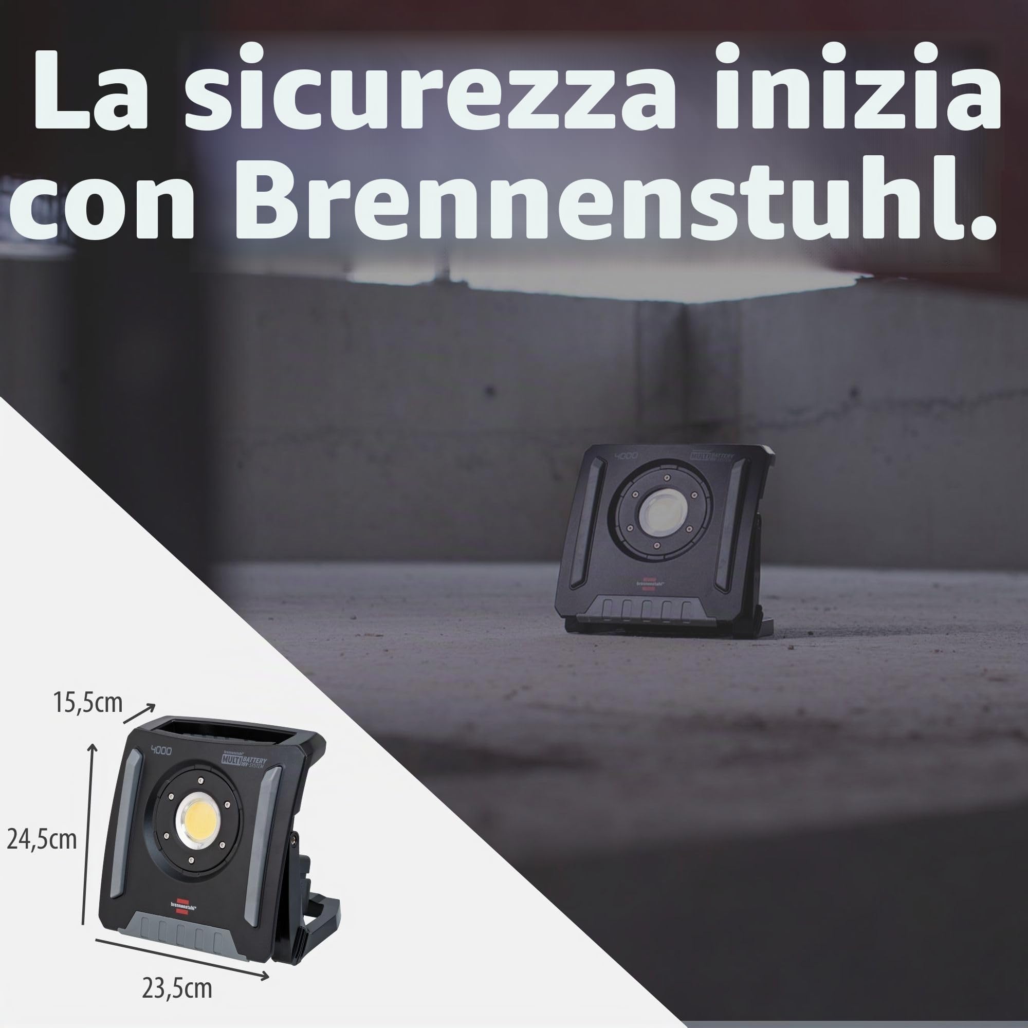 Brennenstuhl Faro LED ricaricabile da lavoro Lampada LED Portatile 4000 MA, 4500lm | IP65 | Compatibile con Batterie 18V dei 5 Principali Produttori di Powertool | Engineered in Germania