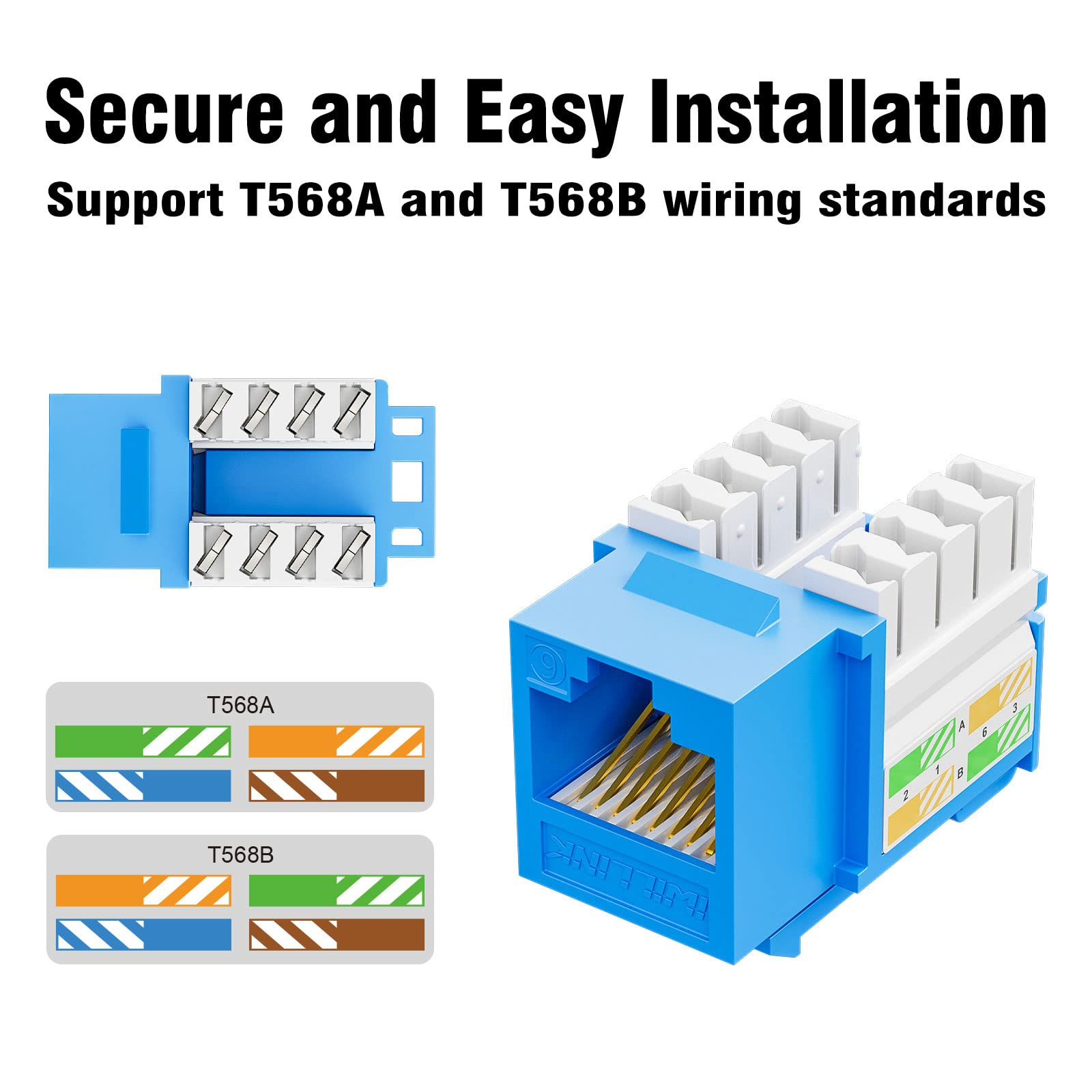 iwillink Paquete de 50 conectores Keystone Cat6 y soporte perforado, juego de conectores Keystone Ethernet RJ45, adaptador modular UTP de 90 grados, azul
