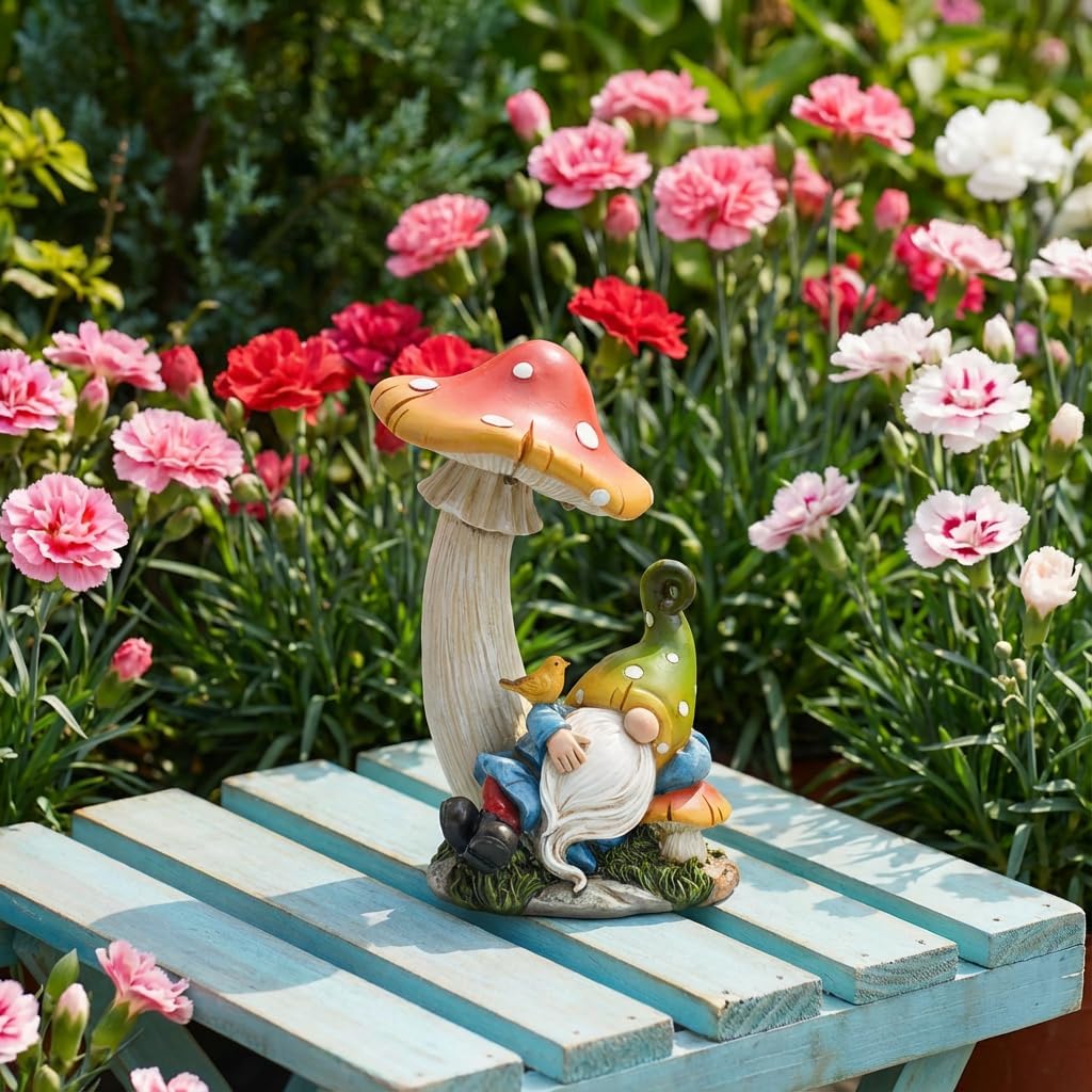 TERESA'S COLLECTIONS Garden Decor, Garden Gnome Resting Under Mushroom, Gnomes Decor, Solar-Powered Resin, Waterproof Garden Decor, Garden Gifts for Mom,Indoor/Outdoor,7.5"