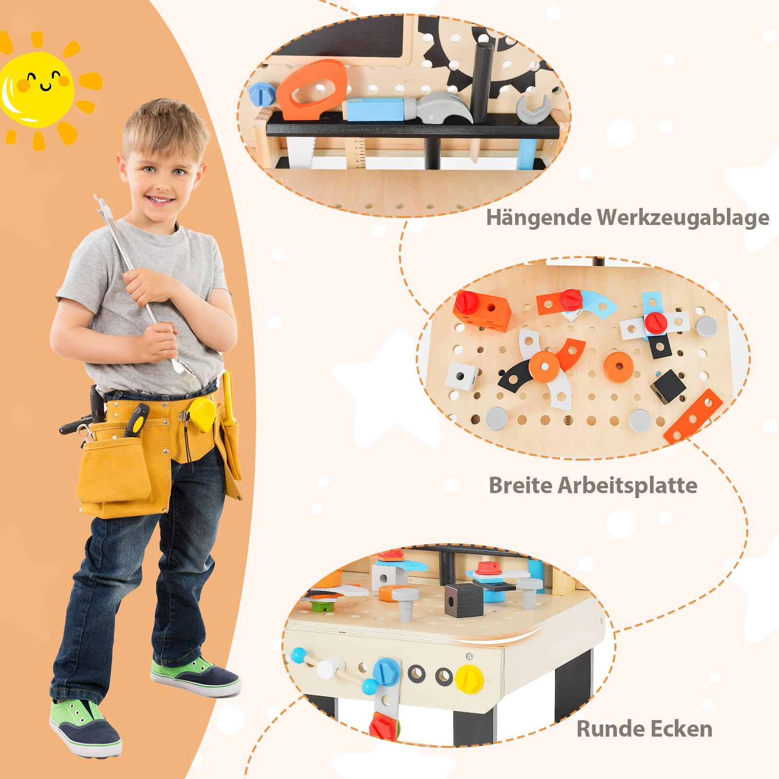 COSTWAY Werkzeugbank für Kinder, Werkbank Holz mit Tafel, hängendem Werkzeugständer & Zubehör, Spielzeug-Werkbank Werkstatt für Kinder ab 3 Jahren (Natur)