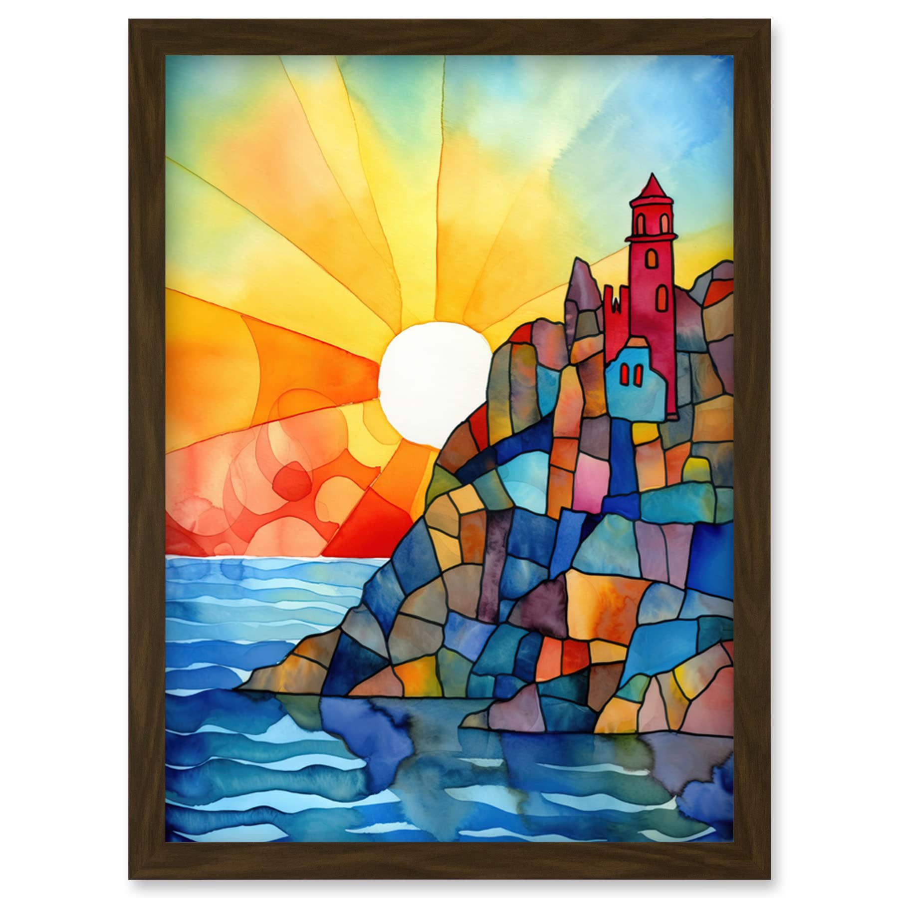Framed Wall Art Print A4 - Sunset Coastal Cliffs Lighthouse Folk Art - Artery8