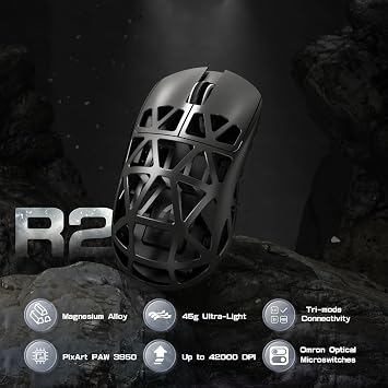 ATTACK SHARK R2 Magnesium Alloy Wireless Gaming Mouse – 48g Ultra Light, PixArt PAW3950 Sensor, 42000 DPI, BT/2.4G/Wired Triple Mode, 8K Response Speed, Windows/Xbox/PS/Mac Compatible – Silver Grey