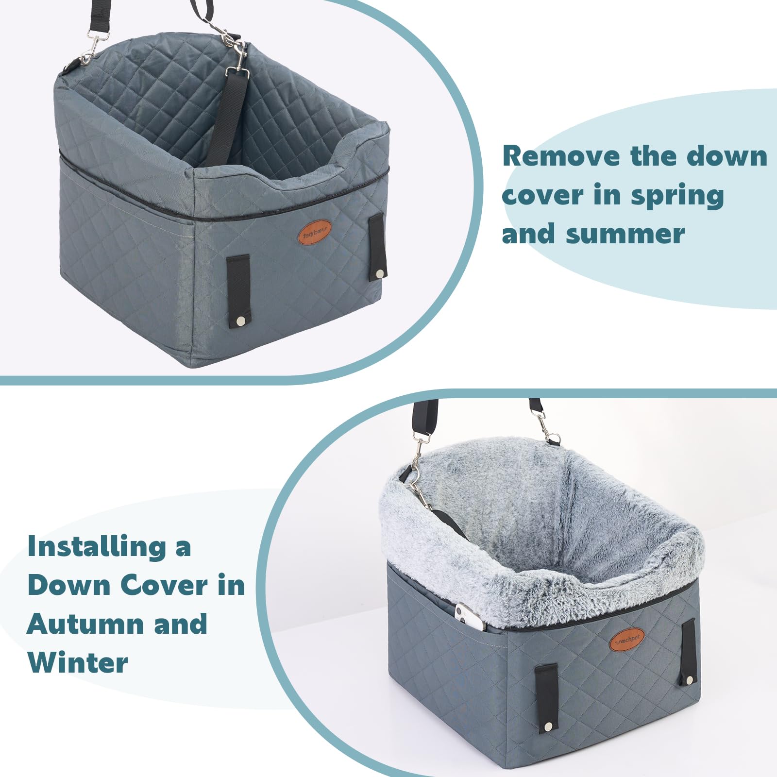 UWELL Pets Dog Car Seat with Loops Dog Booster Seat for All Seasons, Anti Slip Bottom Pet Travel Bed with Thick Pets Sofa Cushion and Storage Pockets for Small Pets?Grey?