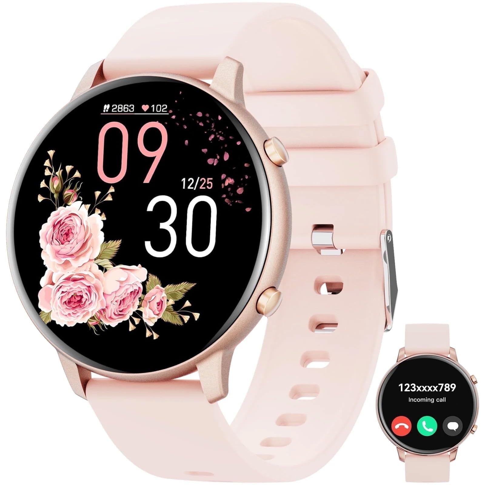 mingwear G25 Smartwatch, pink color, showing the round screen and silicone strap.