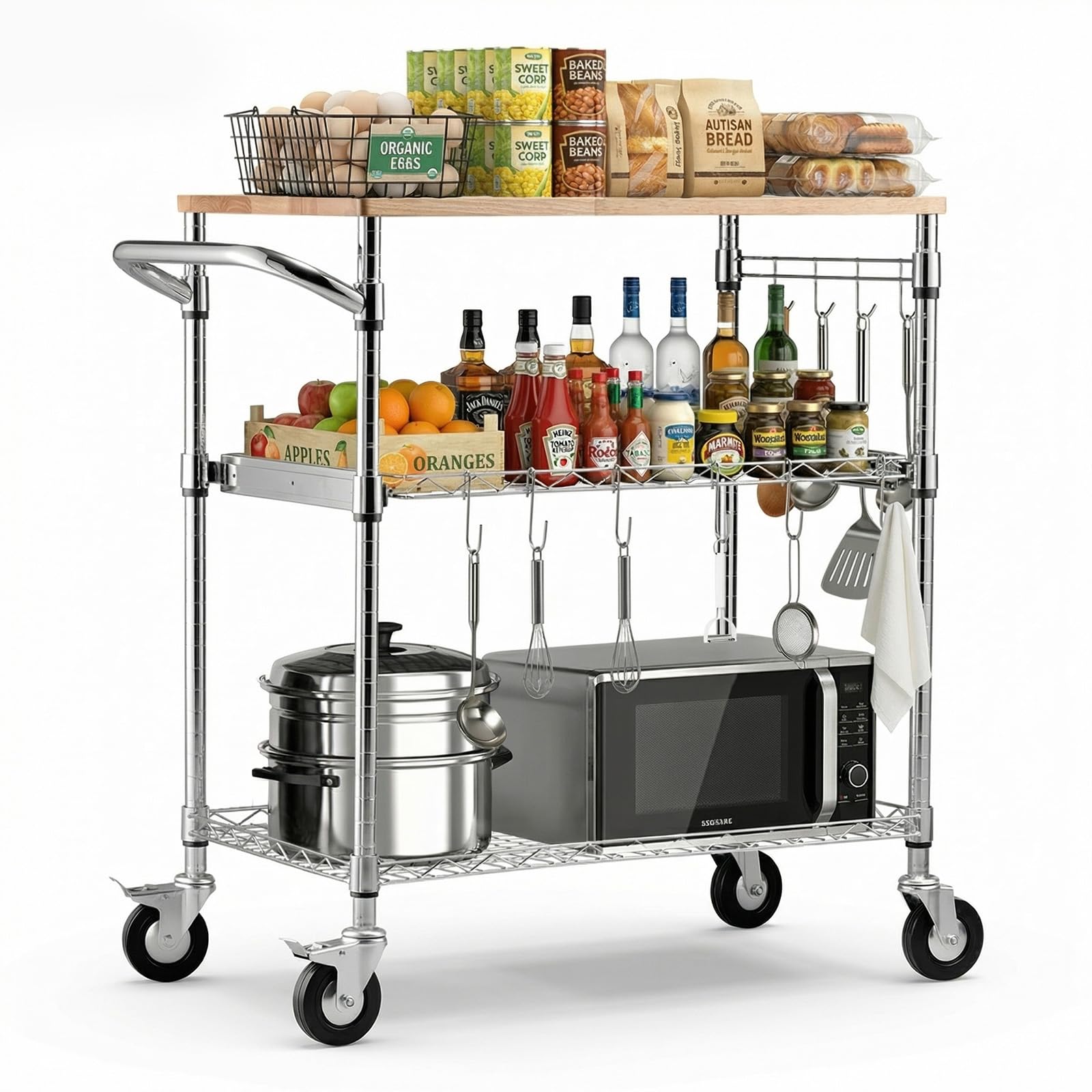 VEVOR Carrito de Cocina de 3 Niveles con Tapa de Madera, Estante de Almacenaje Ajustable, Carrito Auxiliar con Ruedas Giratorias y Asa, Carro de Servicio para Garaje, Lavadero, 76,2 x 45,7 x 91,4 cm