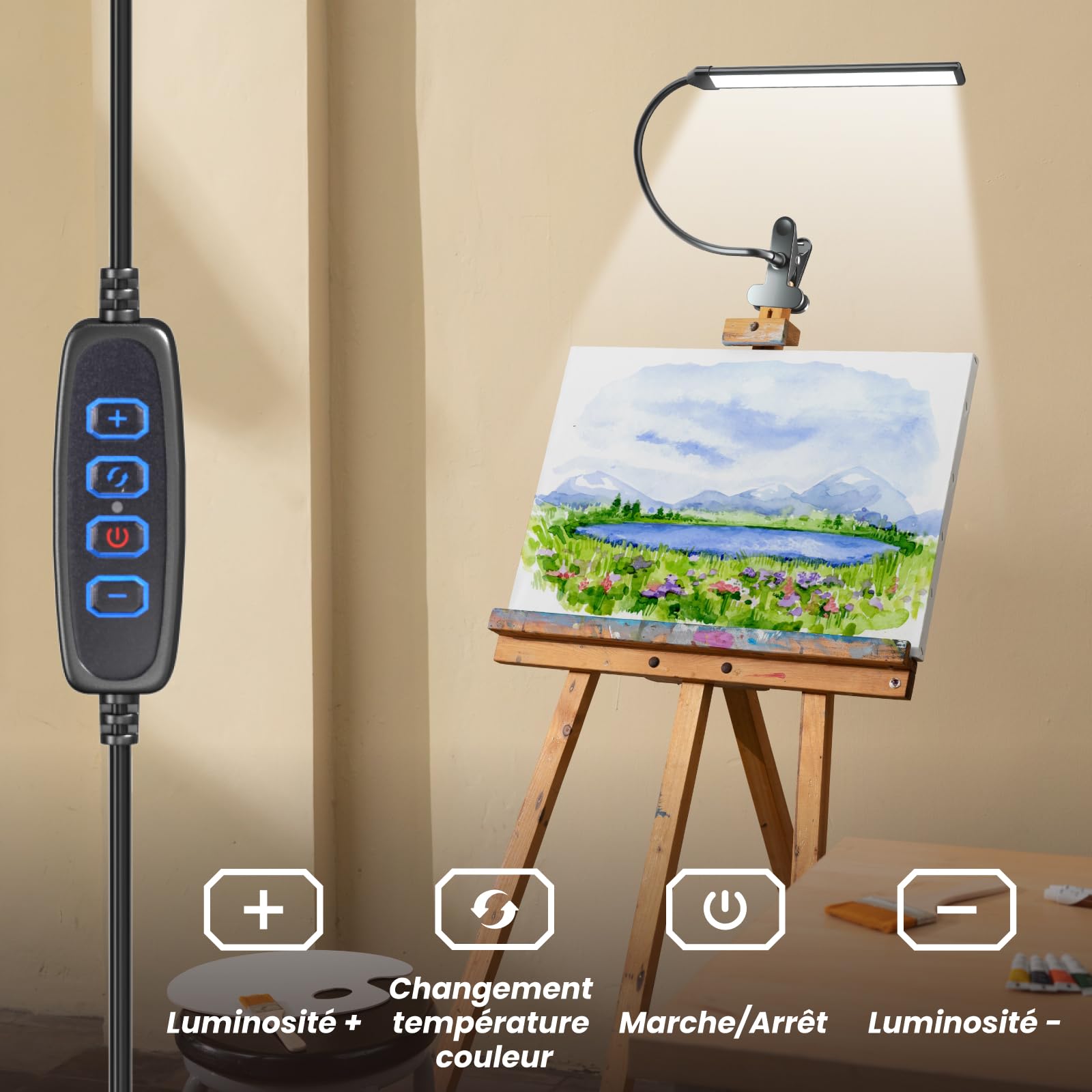 Lampe de Bureau à Pince LED pour Artistes, 3 Modes Couleur, 10 Niveaux Luminosité, 300lm Lumière de Lecture pour Peinture et Dessin avec Bras Flexible, Alimentation USB