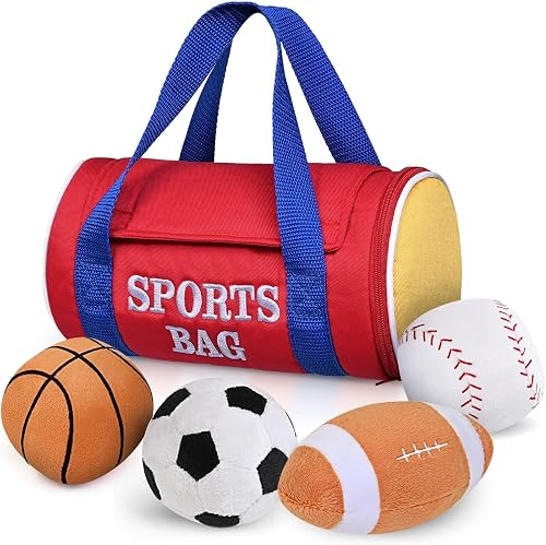Baby Toys 0-12 Months, My First Sports Bag Plush Toy - 4 Sensory Balls Soft Toys with Crinkle, Rattles for 0-3-6-9-12 Month Newborn Infant, 1st Birthday for Babies Boys Girls Age 1