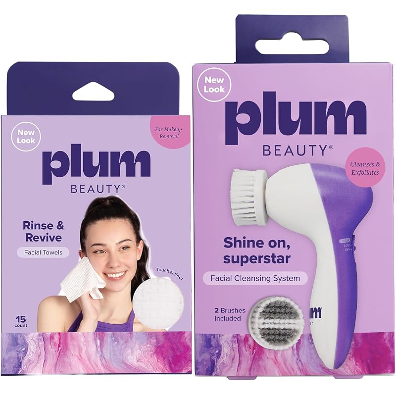 Plum Beauty Conjunto de cuidados faciais com escova de limpeza e 15 toalhas removedoras de maquiagem
