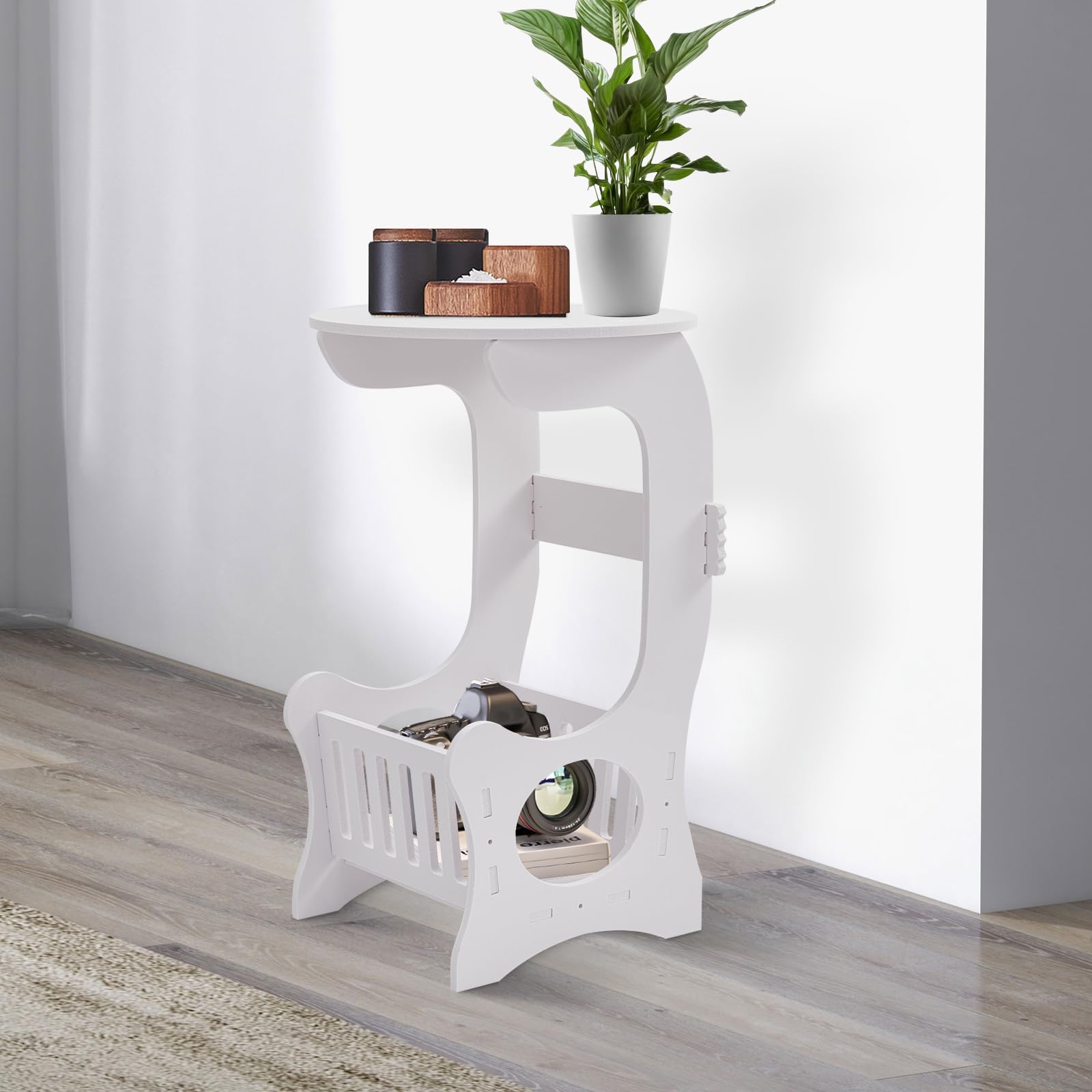 M.J COMFY-LIFE Slim Side Table 3-Tier Storage Table Narrow Bedside Storage Shelves, White Modern Nightstand for Small Spaces Bedroom Living Room Hallway Home Office (Round tabletop, White)