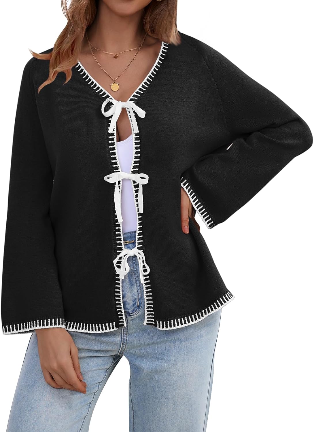 Tie Front Bow Cardigan for Women Trendy 2025 Casual Bell Long Sleeve Chunky Knit Cardigan Sweater Winter Clothing Coat