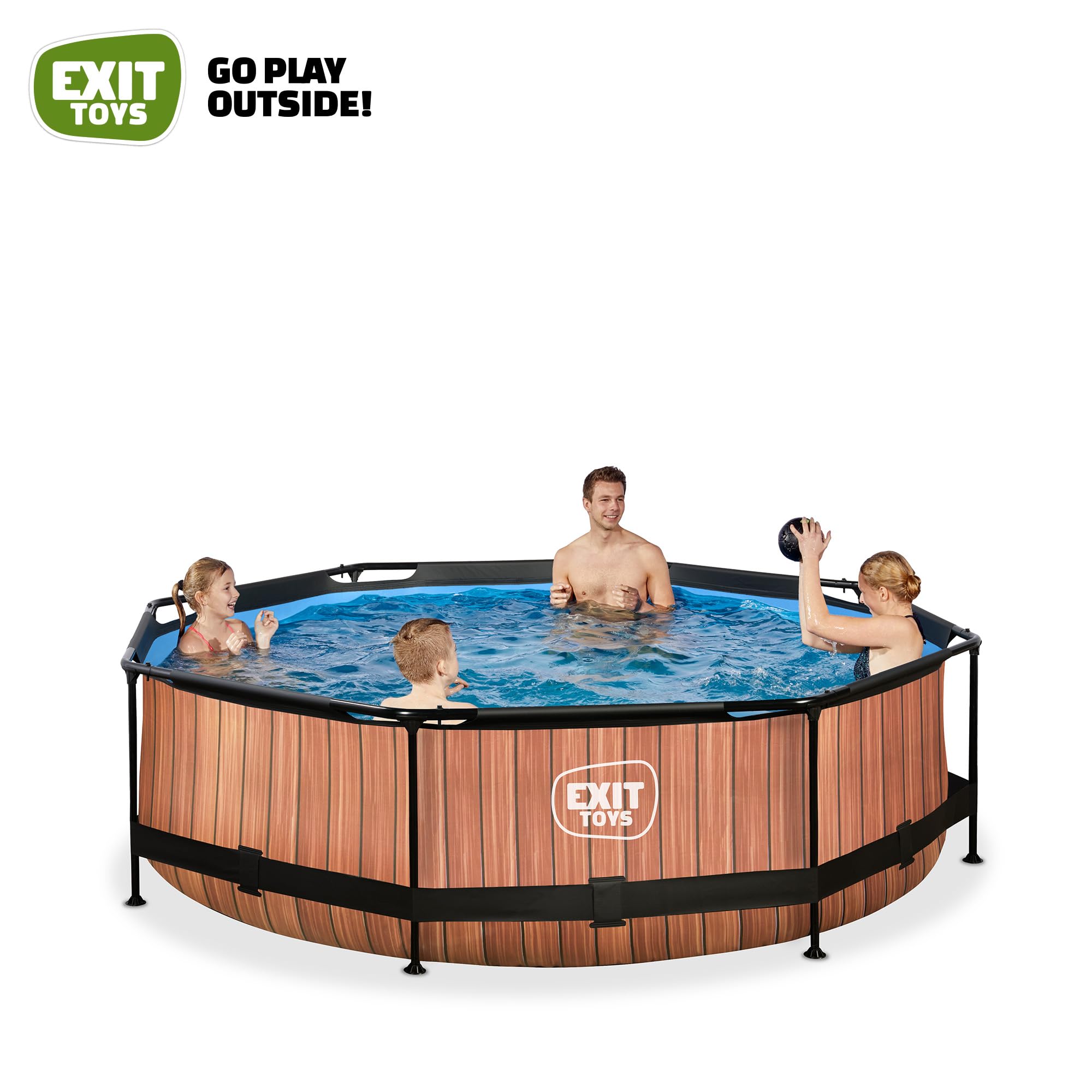 EXIT Toys Wood Pool - ø300x76cm - Piscina de Marco Redondo con Bomba de Filtro de Cartucho - Fácil Acceso - Adecuada para Niños Pequeños - Marco Robusto - Diseño Único - Marrón
