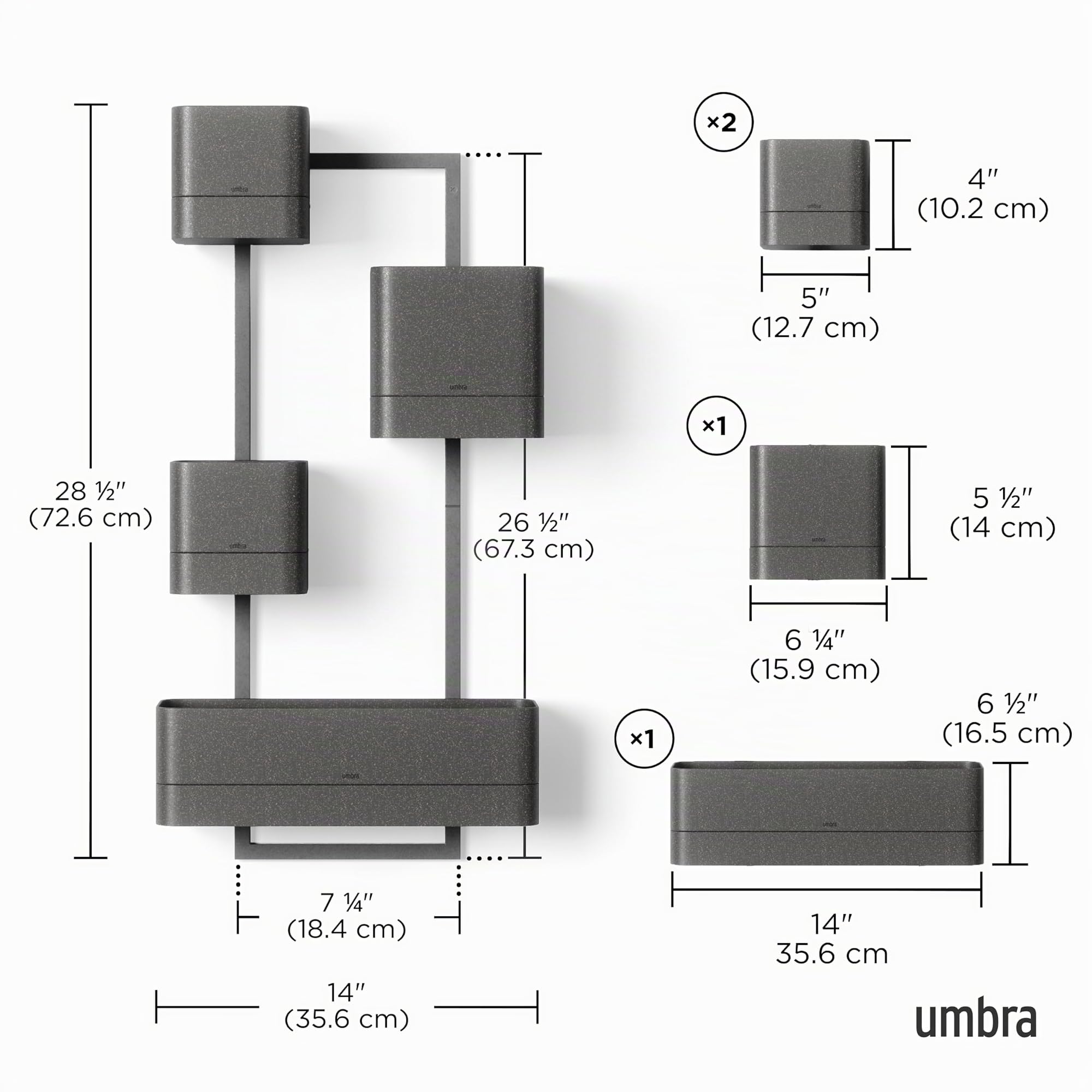 Umbra 1018767-040 Vaso da Parete Moderno e Contemporaneo, Polipropilene (PP) Acciaio Inossidabile Acrilonitrile butadiene stirene (ABS), Nero, 4 pots