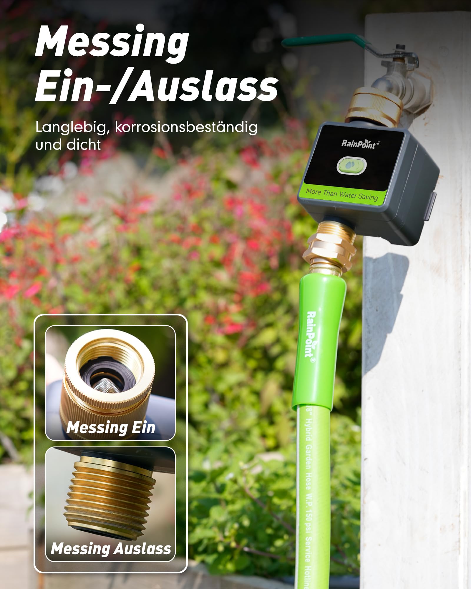 RAINPOINT Bewässerungscomputer WLAN, Smart WiFi Bewässerungssteuerung mit Messing EIN- und Auslass & 100m Gateway, Wetter/Boden-basierte Automatische Bewässerung für Garten & Rasen, Schwarz