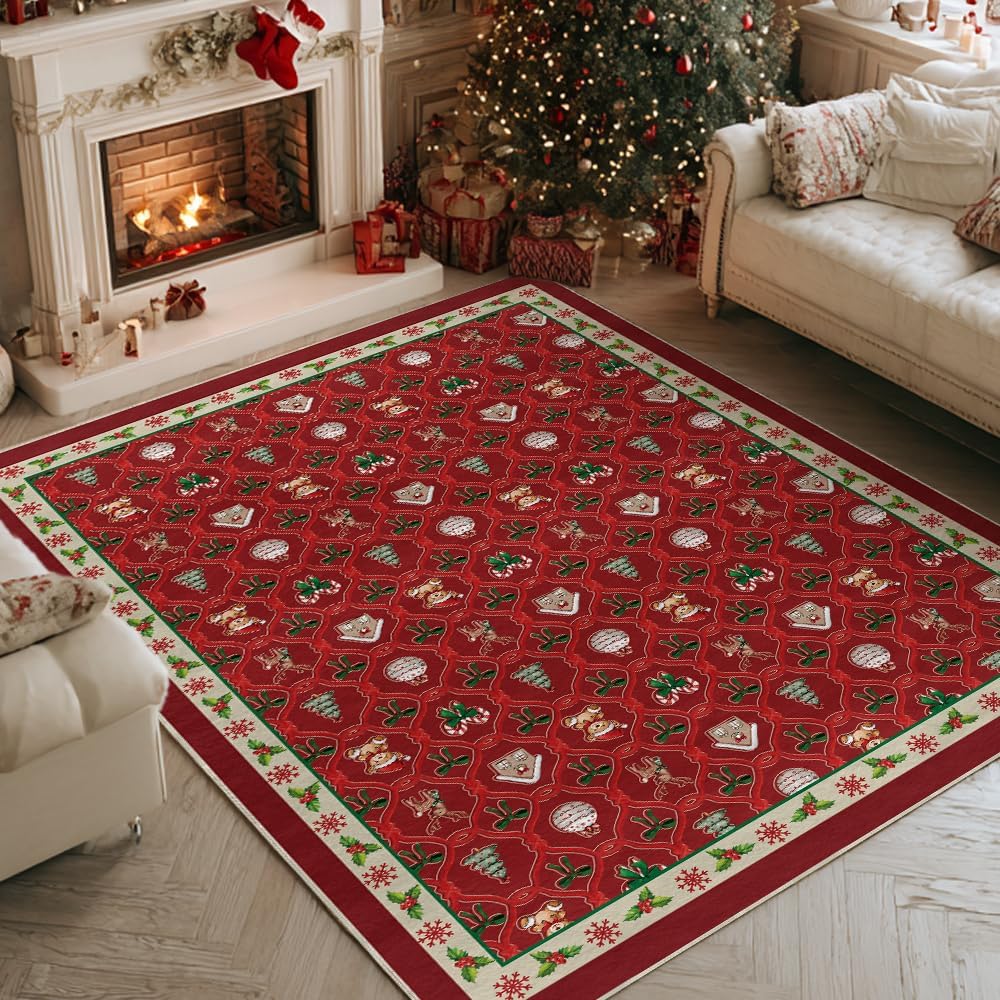 Artoid Mode Red Xmas Ball Bear Christmas Area Rug, Winter Home Decor Low-Profile Non-Slip Washable Large Rug for Living Room Bedroom Farmhouse Dining Room Kids Playroom 5x7 Feet