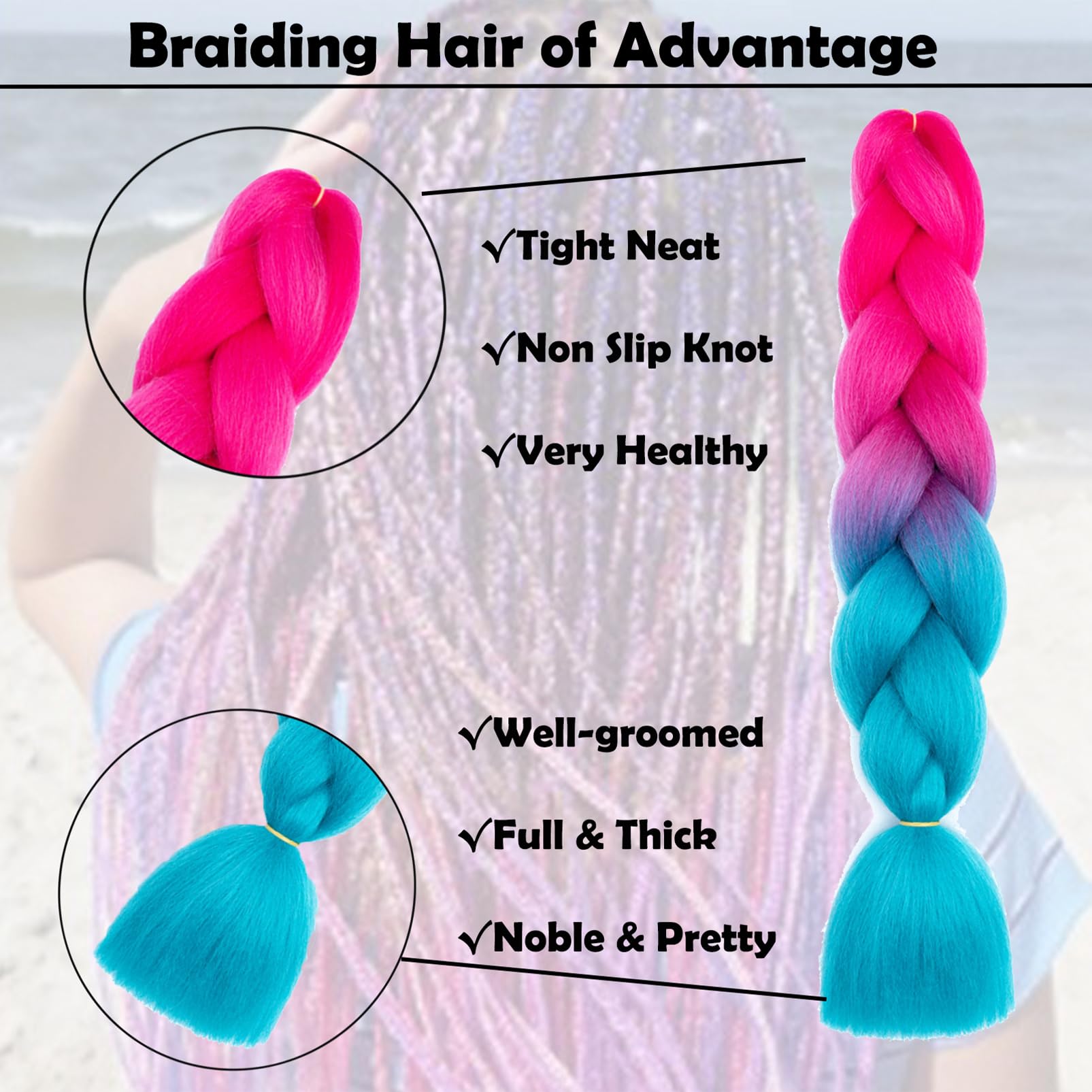 Braiding Hair Extensions Braiding Hair Fashion Synthetic Braid Hair Extensions for Women Braiding Coloured Hair for Braiding DIY Wigs Cosplay (Pink to Blue) - Image 2