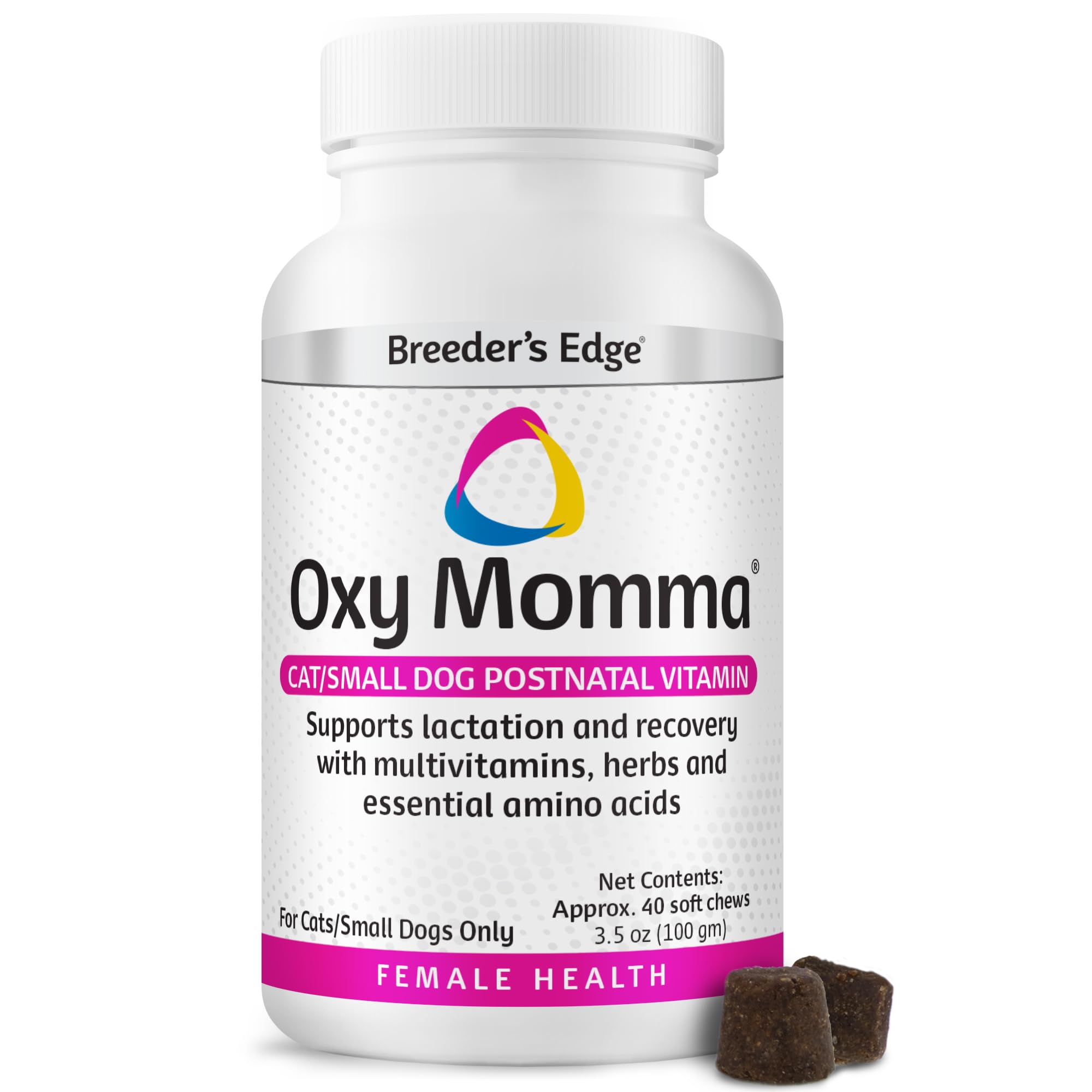 Breeder's Edge Oxy Momma Soft Chews, Postnatal Vitamin Supplement for Lactating Dogs and Cats, Supports Recovery, Hormones, and Next Pregnancy - for Small Dogs & Cats, 40ct Soft Chews