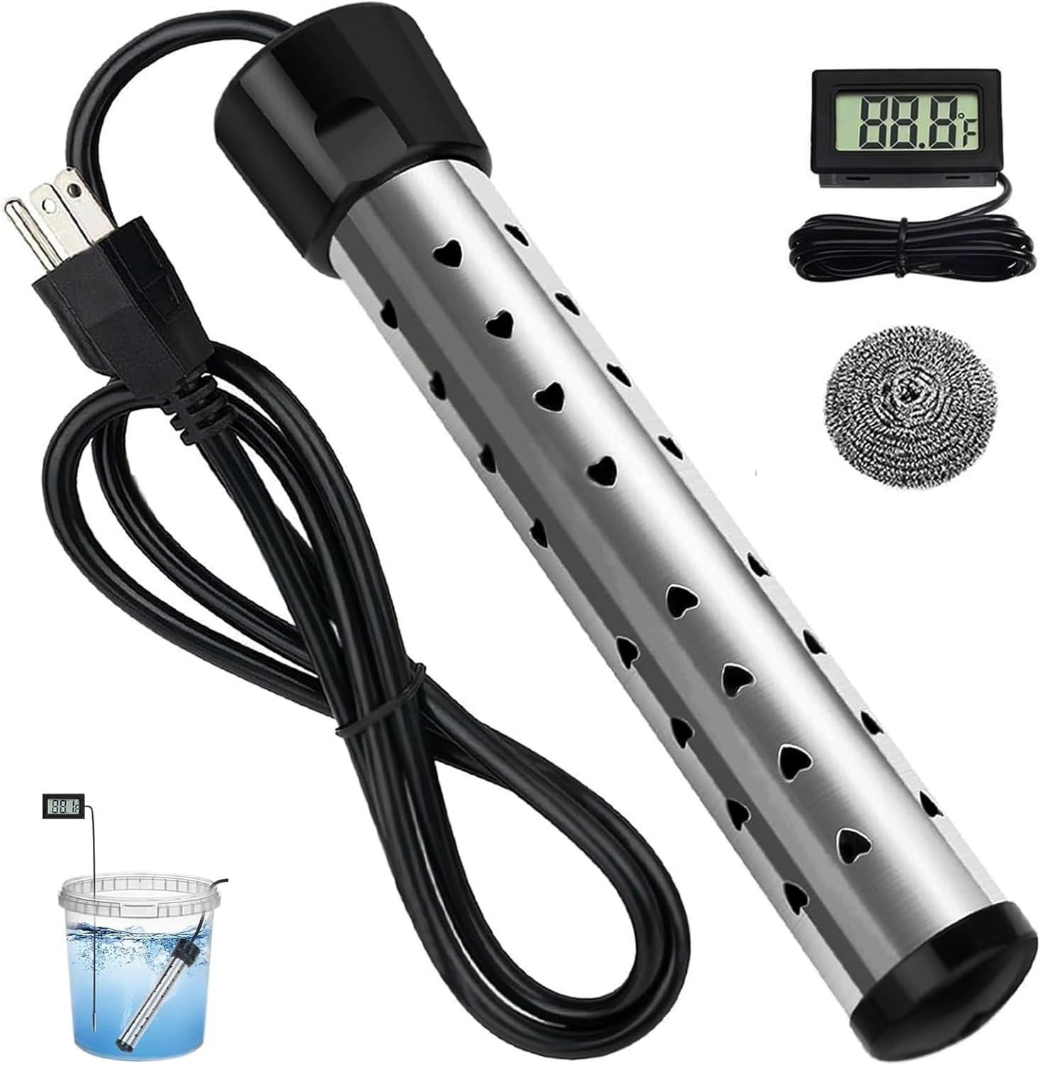 2000W Immersion Heater, Portable Electric Water Heater Fast Heating for Buckets Bathtubs, Submersible Water Heater with LCD Thermometer 304 SS Guard, 5 Gallons of Water in Minutes Black as is