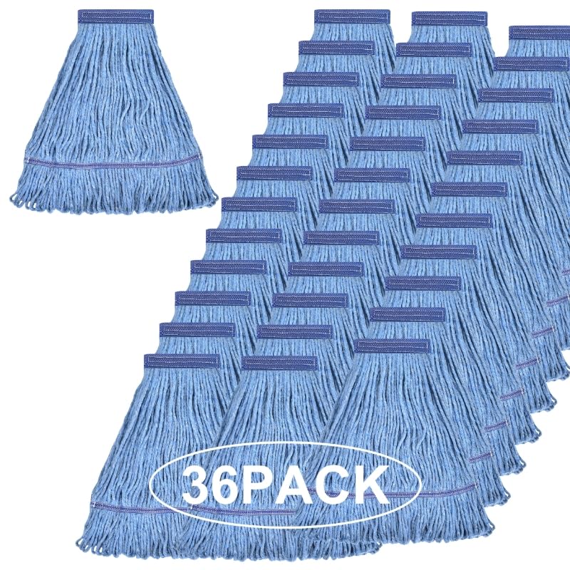 Image of Matthew Cleaning Heavy Duty Mop Head Commercial Grade Replacement for General and Floor Cleaning, Wet Industrial Blue Cotton Looped End String Head Refills (Case of 36) Blue