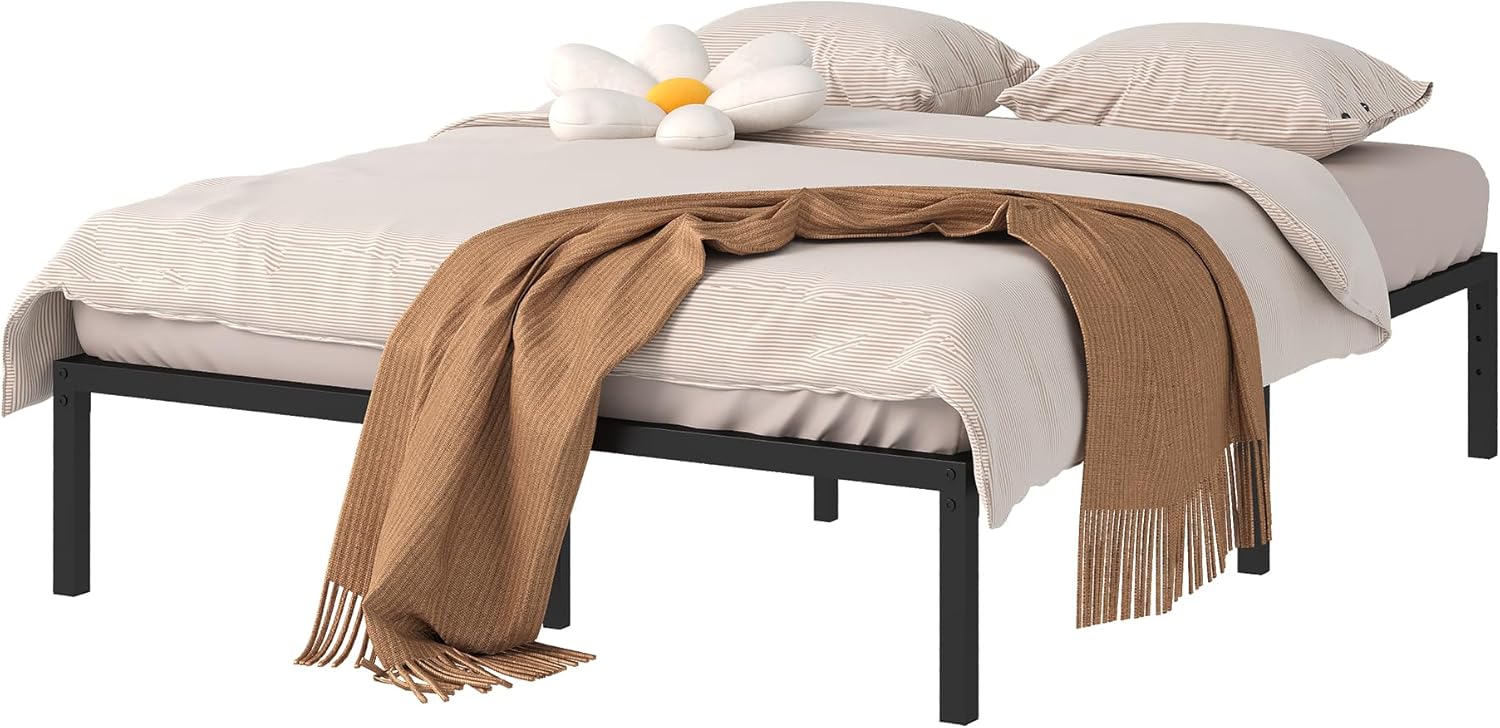 Queen Size Metal Bed Frame, Queen Size Heavy Duty Platform, Noise-Free Design, Steel Slats, No Box Spring Needed, Tool-Free Easy Assembly, Anti-Slip Mattress Stoppers & Rounded Corners