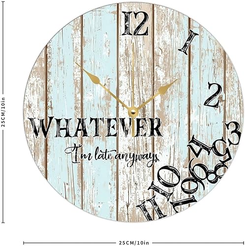 Miniatura 3 de Reloj de pared colgante de madera, redondo, silencioso, sin tictac, con texto en inglés "Whatever I'm Late Anyway", relojes de pared para novia,