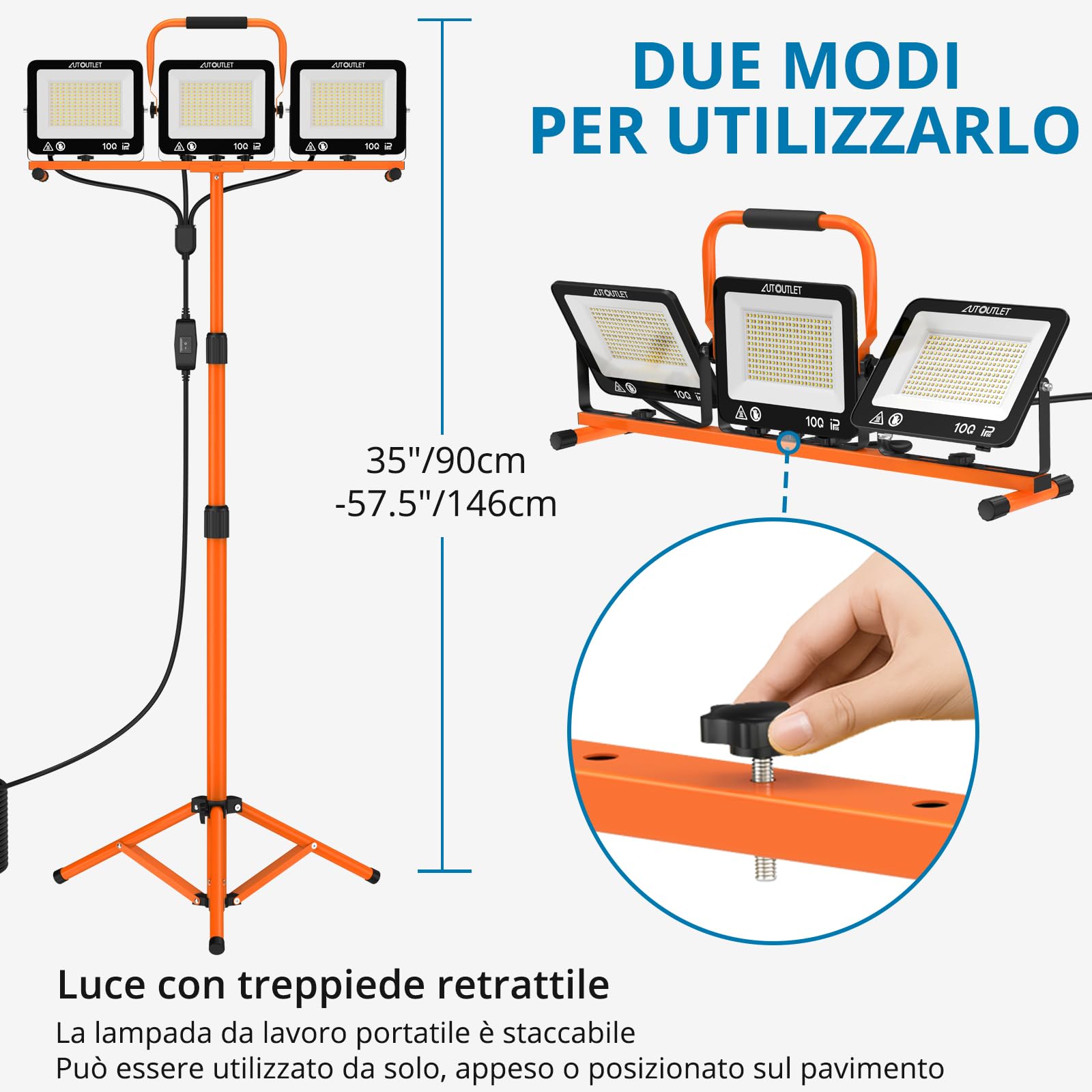 AUTOUTLET Faretto da Cantiere con Treppiede 300W 27000LM,3000/5000/6500K