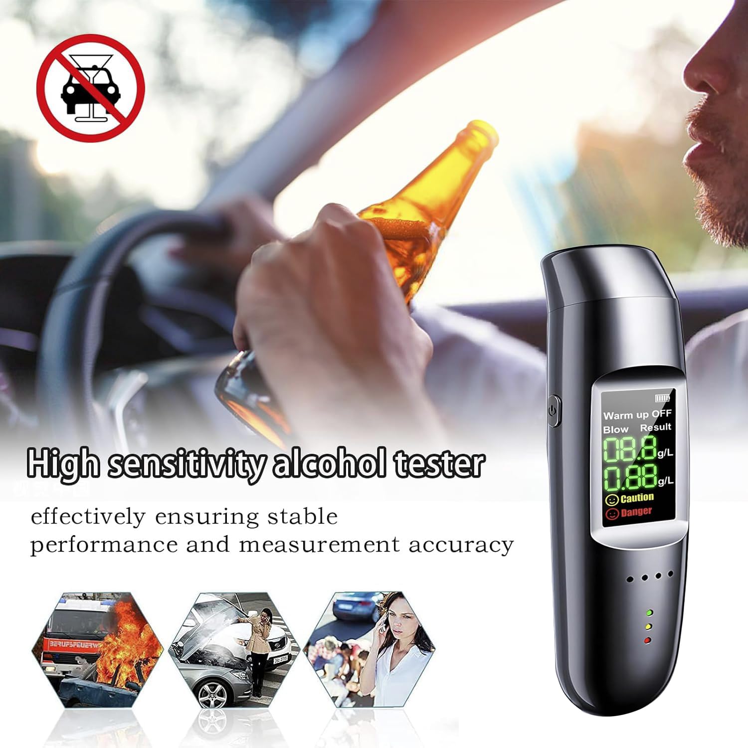 Etilometro Portatile Certificato Alcol Test, Professionale Alcol Test Senza Contatto Tester di Alcool Display LCD Digitale e Allarme Vocale, Precisione di Grado Riutilizzabili Ricaricabile