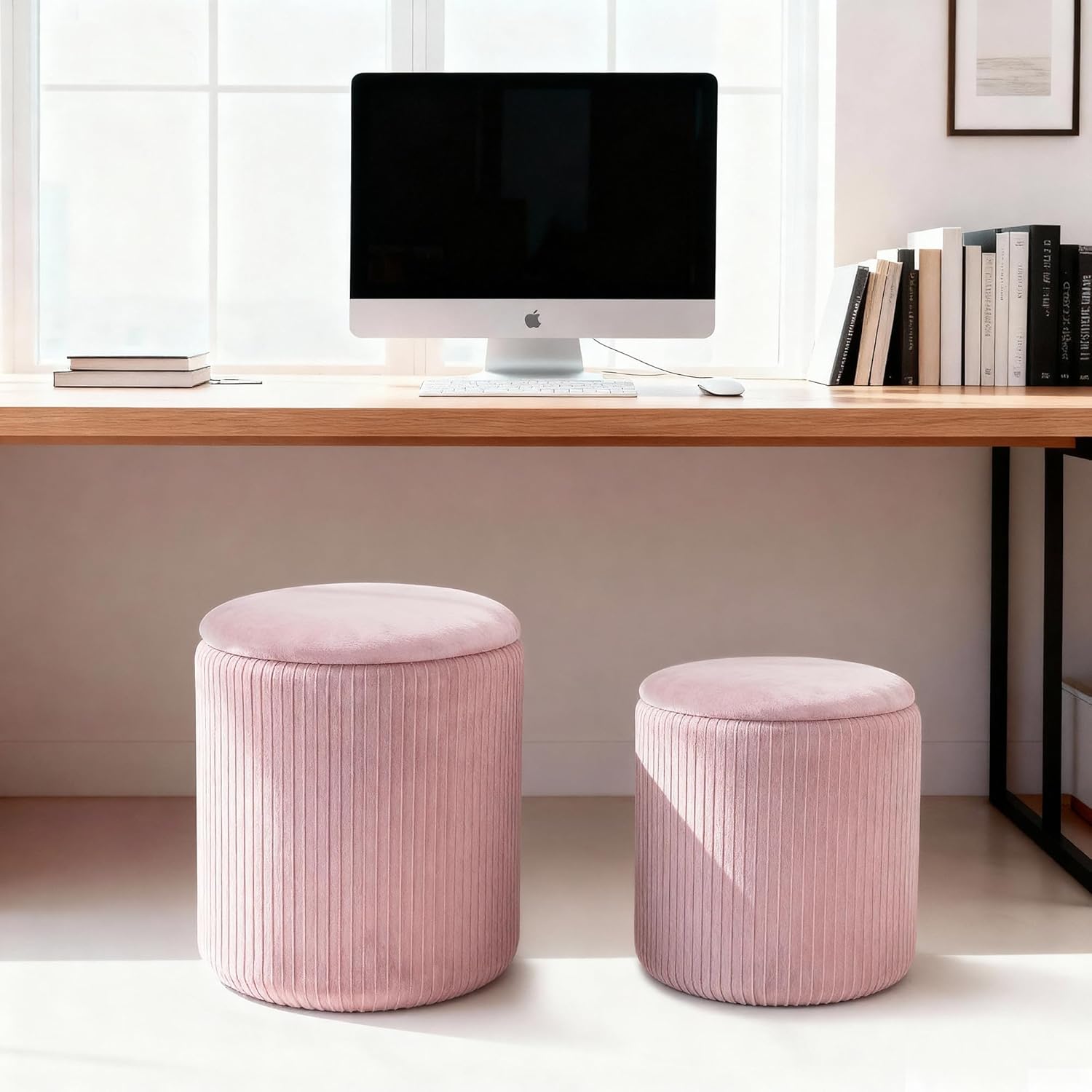 CAROLMADE Set of 2 Round Ottoman with Storage, Upholstered Vanity Stool Support 330lbs Multifunctional Coffee Table Ottoman Velvet Foot Rest Stool or Living Room Bedroom Dorm (Pink)