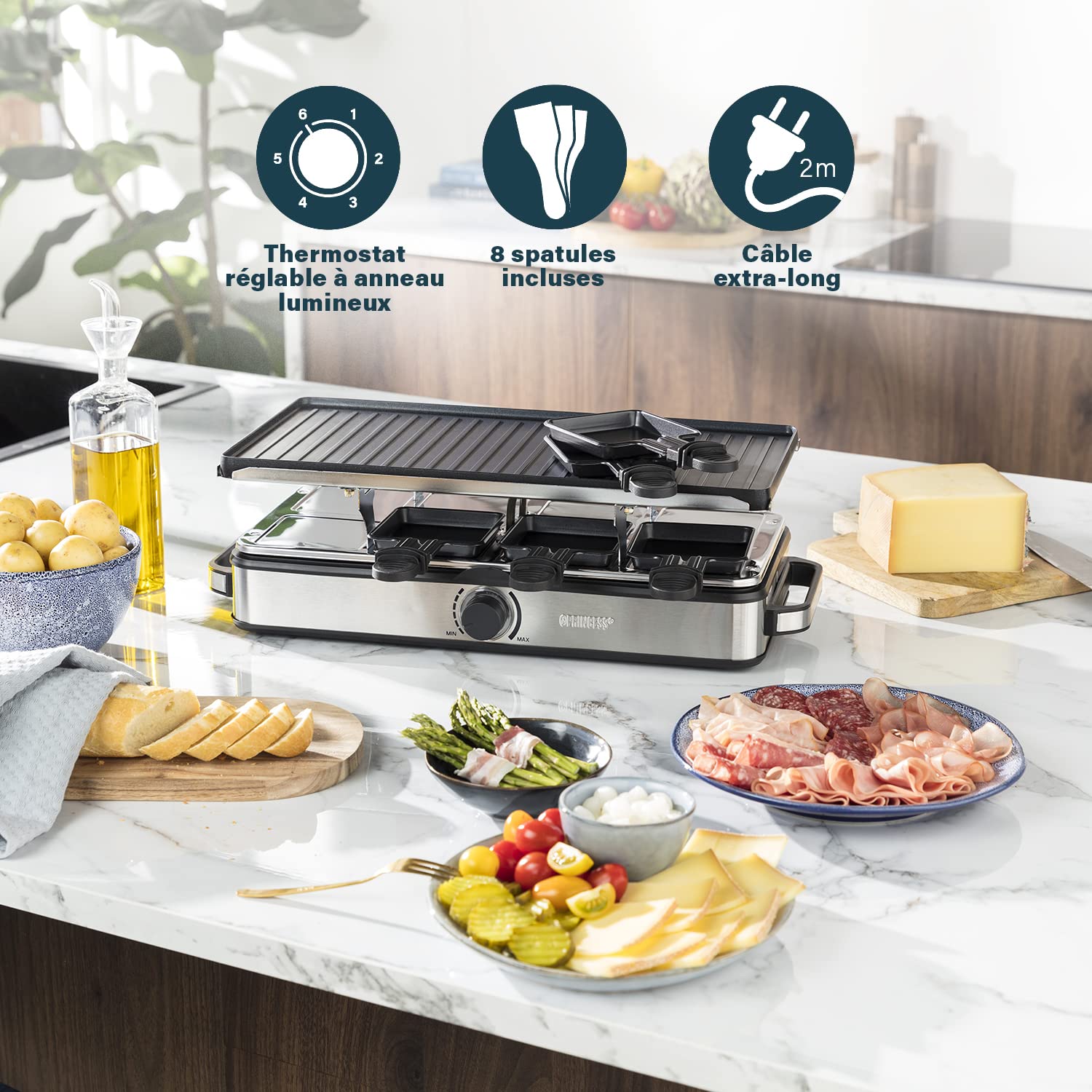 Princess Appareil à Raclette Deluxe, Pour 8 Personnes, Plaque Réversible Grill et Pierre à Cuire 42 x 21 cm, Thermostat Intégré, Finition Inox Facile à Nettoyer, 1400 W, Noir, 01.162645.01.001