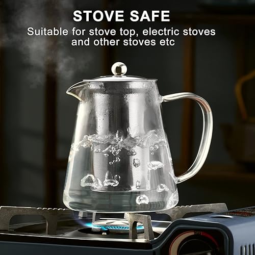 Miniatura 2 de PARACITY Tetera de vidrio de 32 onzas, tetera transparente de borosilicato con infusor extraíble de acero inoxidable 188, tetera de hojas sueltas y