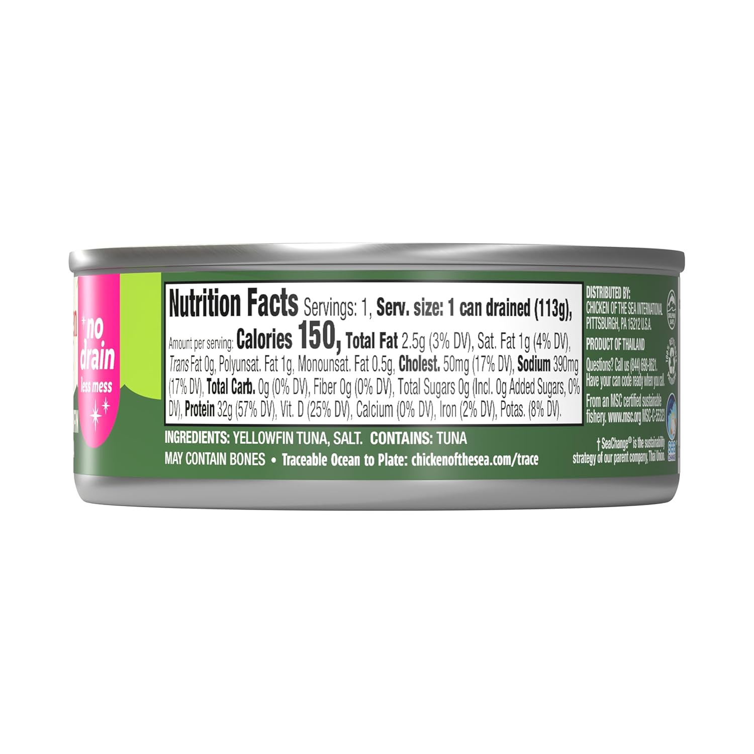 Chicken of the Sea Solid Yellowfin Pure Tuna, 4 oz. Cans (Pack of 24), Wild Caught Canned Tuna, No Drain