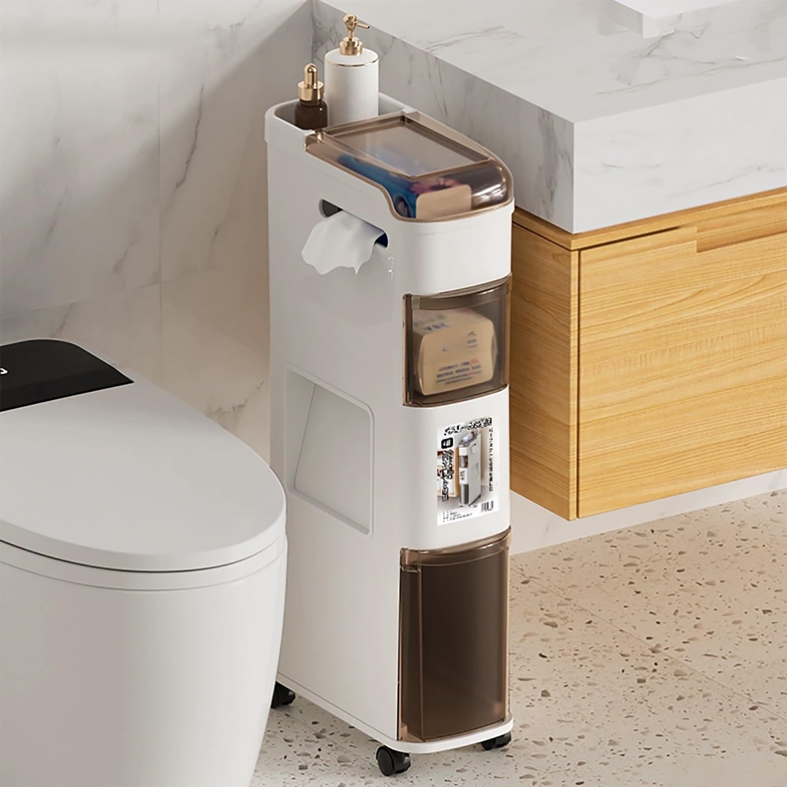Étagère mobile pour salle de bain pour optimiser les espaces étroits et coins WC